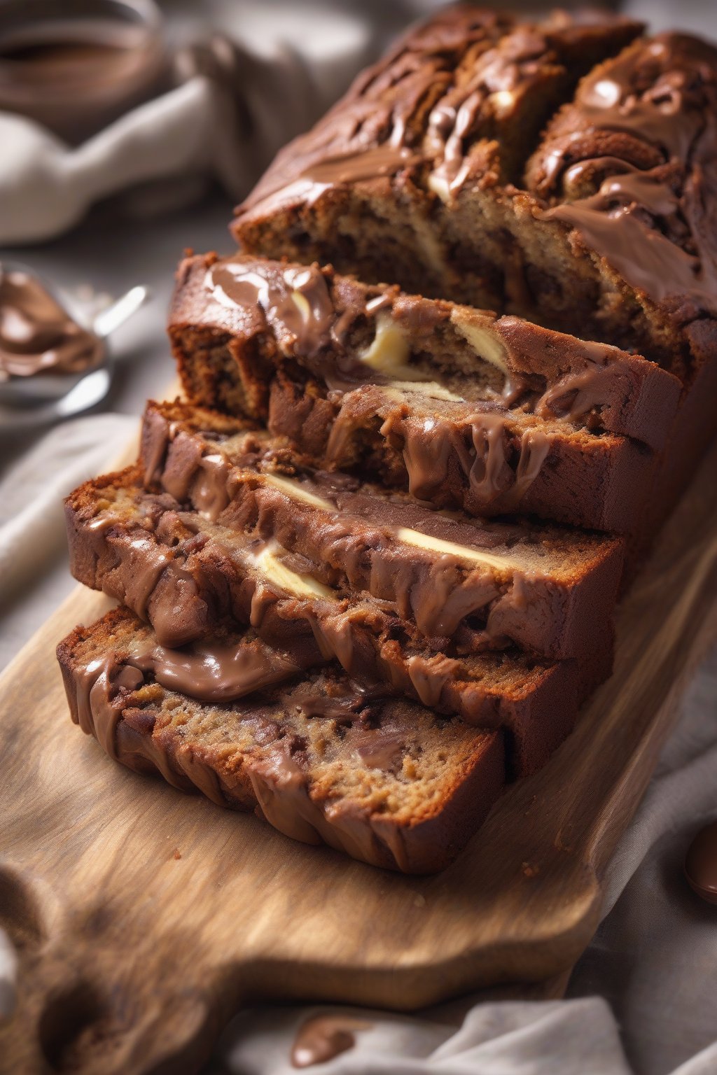 A high-resolution photo of Nutella-swirled moist banana bread oozing filling, under soft lighting.