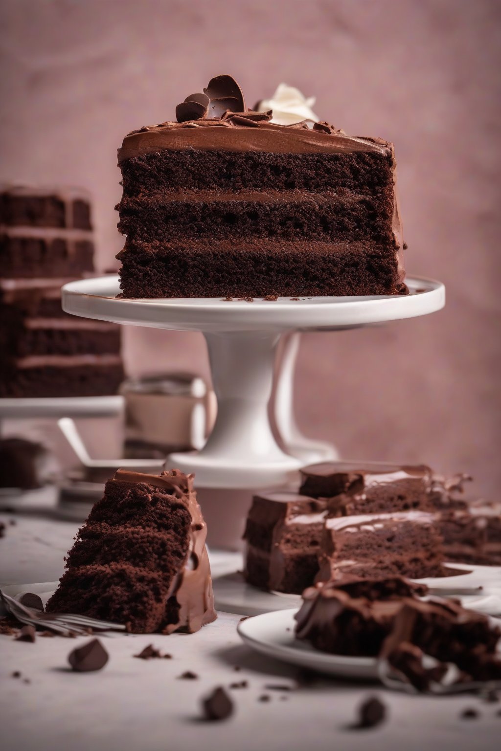 A high-resolution photo of a sliced classic moist chocolate cake revealing fudgy layers, topped with glossy frosting, under soft lighting.