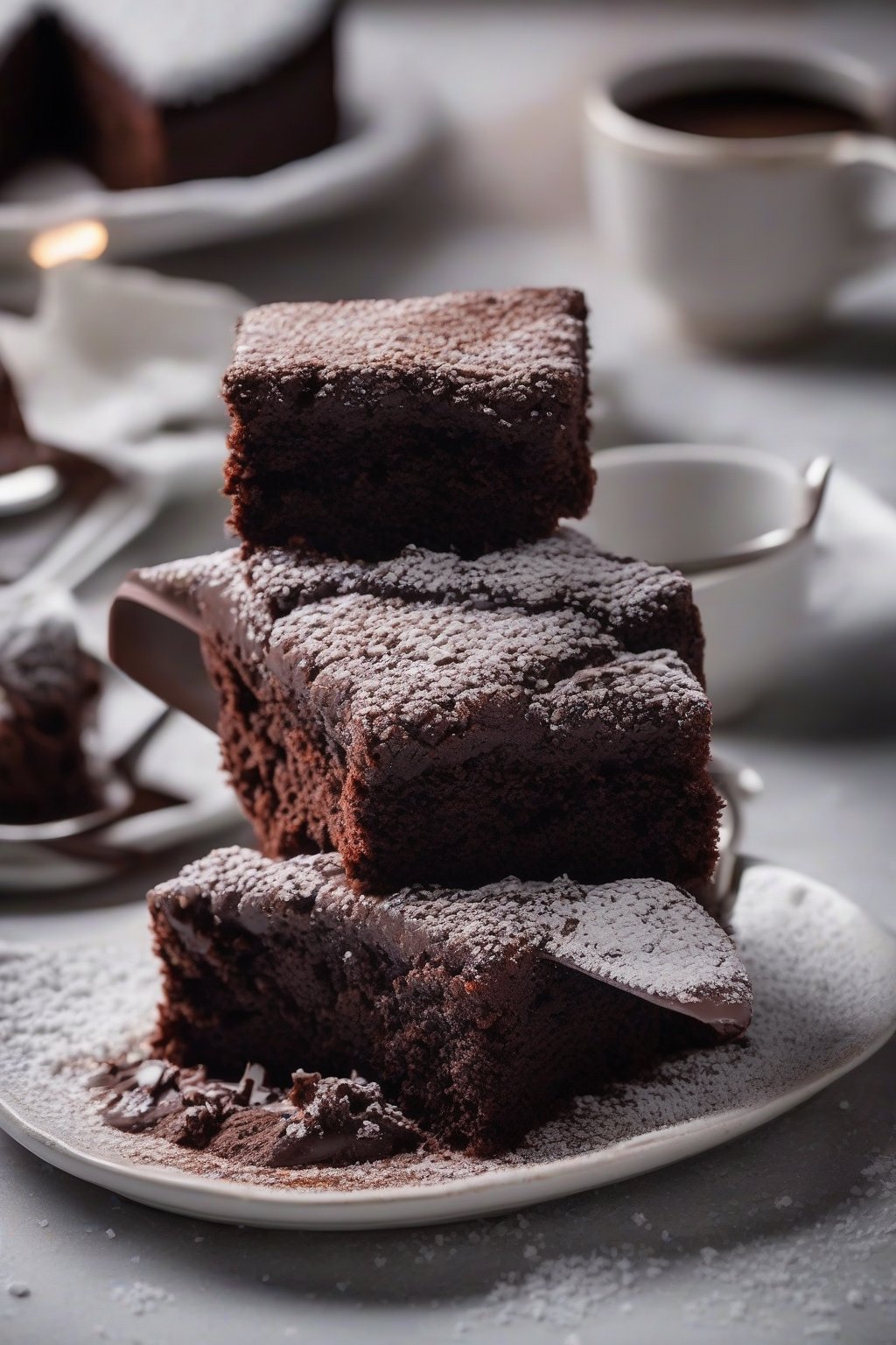 A close-up photo of a one-bowl moist chocolate cake with a crackly top, powdered sugar dusting, under soft lighting.