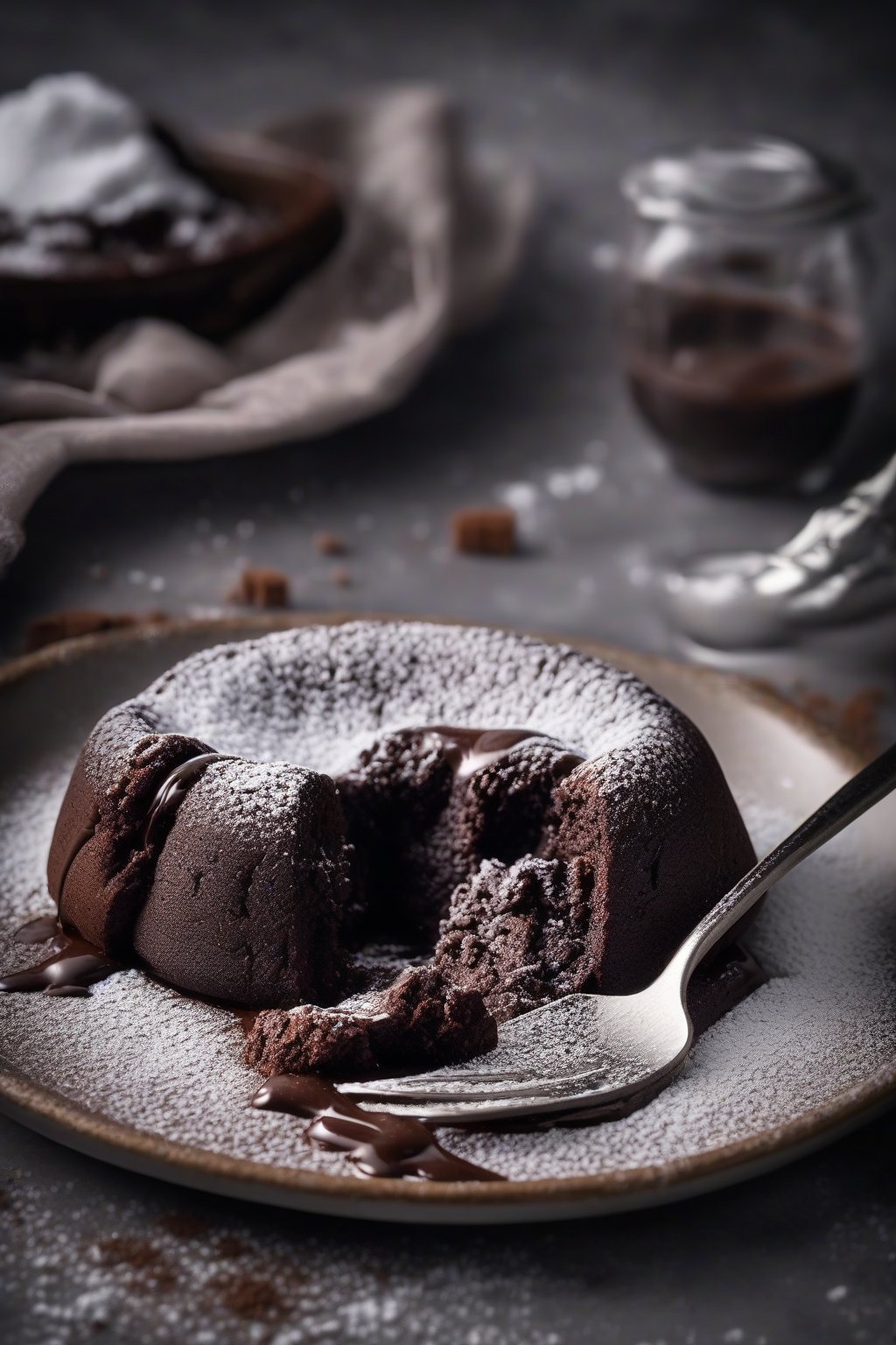 A high-resolution photo of a moist chocolate lava cake with flowing molten center, dusted with powdered sugar, under soft lighting.