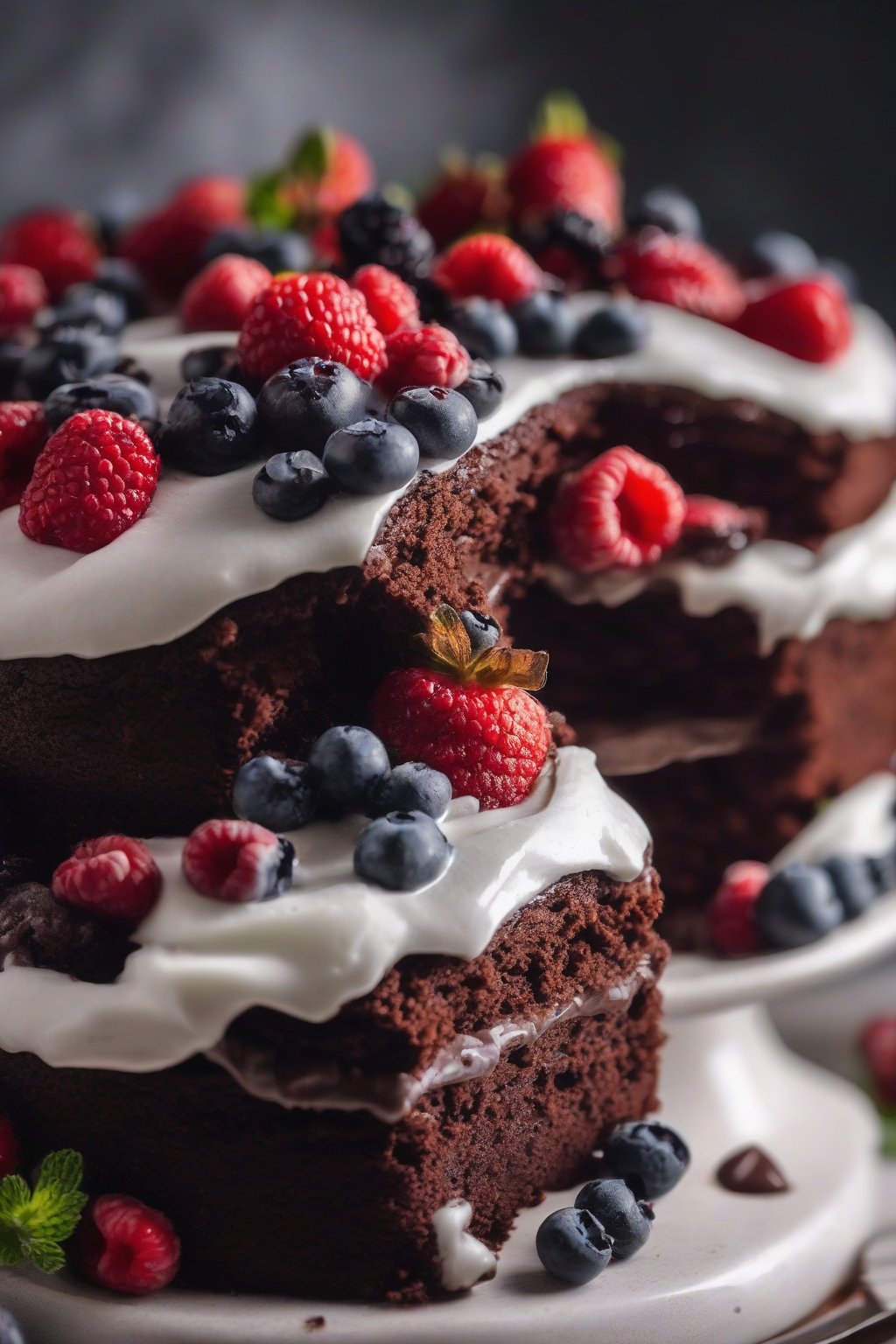 A close-up photo of a vegan moist chocolate cake with fluffy frosting, fresh berries on top, under soft lighting.
