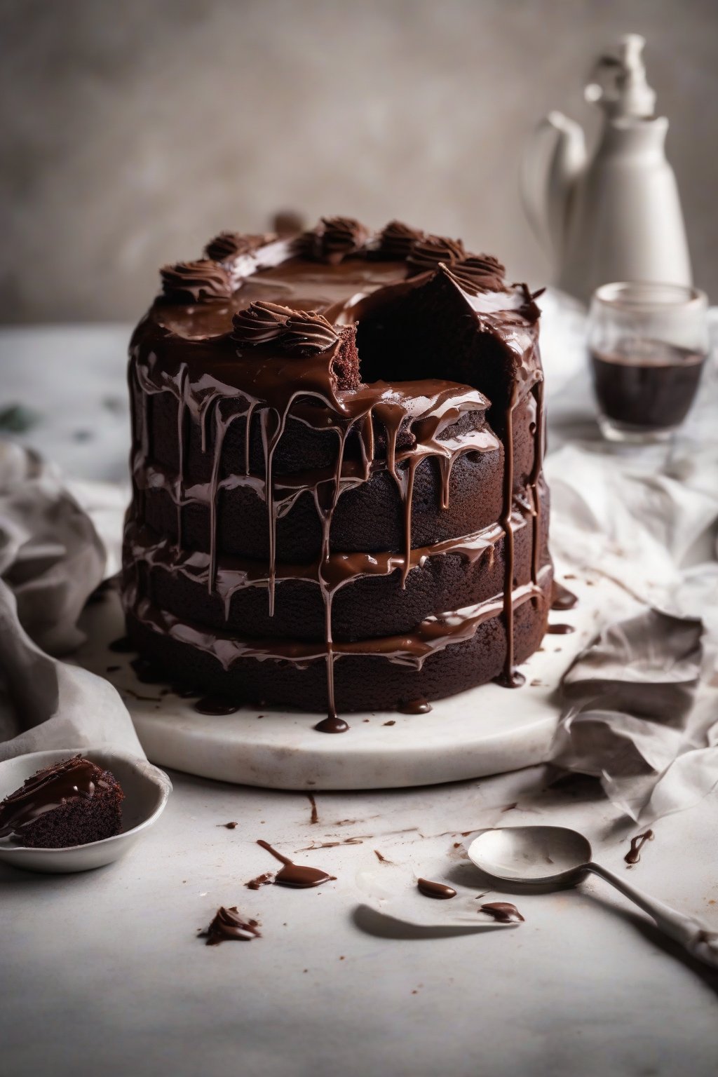 A high-resolution photo of a gluten-free moist chocolate cake with cracked top and ganache drizzle, under soft lighting.