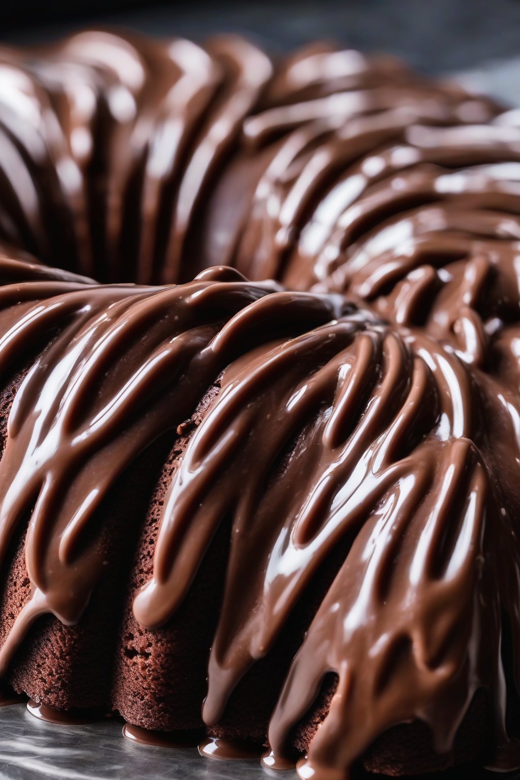 A close-up photo of a moist chocolate Bundt cake with glossy glaze pooling in ridges, under soft lighting.