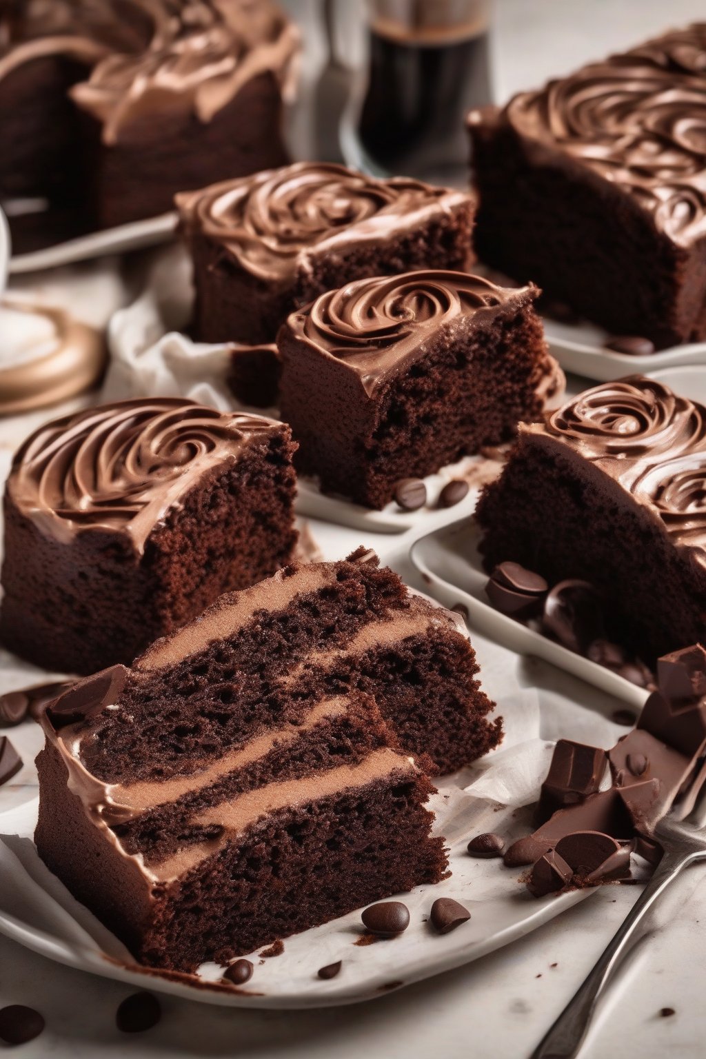 A high-resolution photo of coffee moist chocolate cake slices showing tender crumb, mocha swirls, under soft lighting.