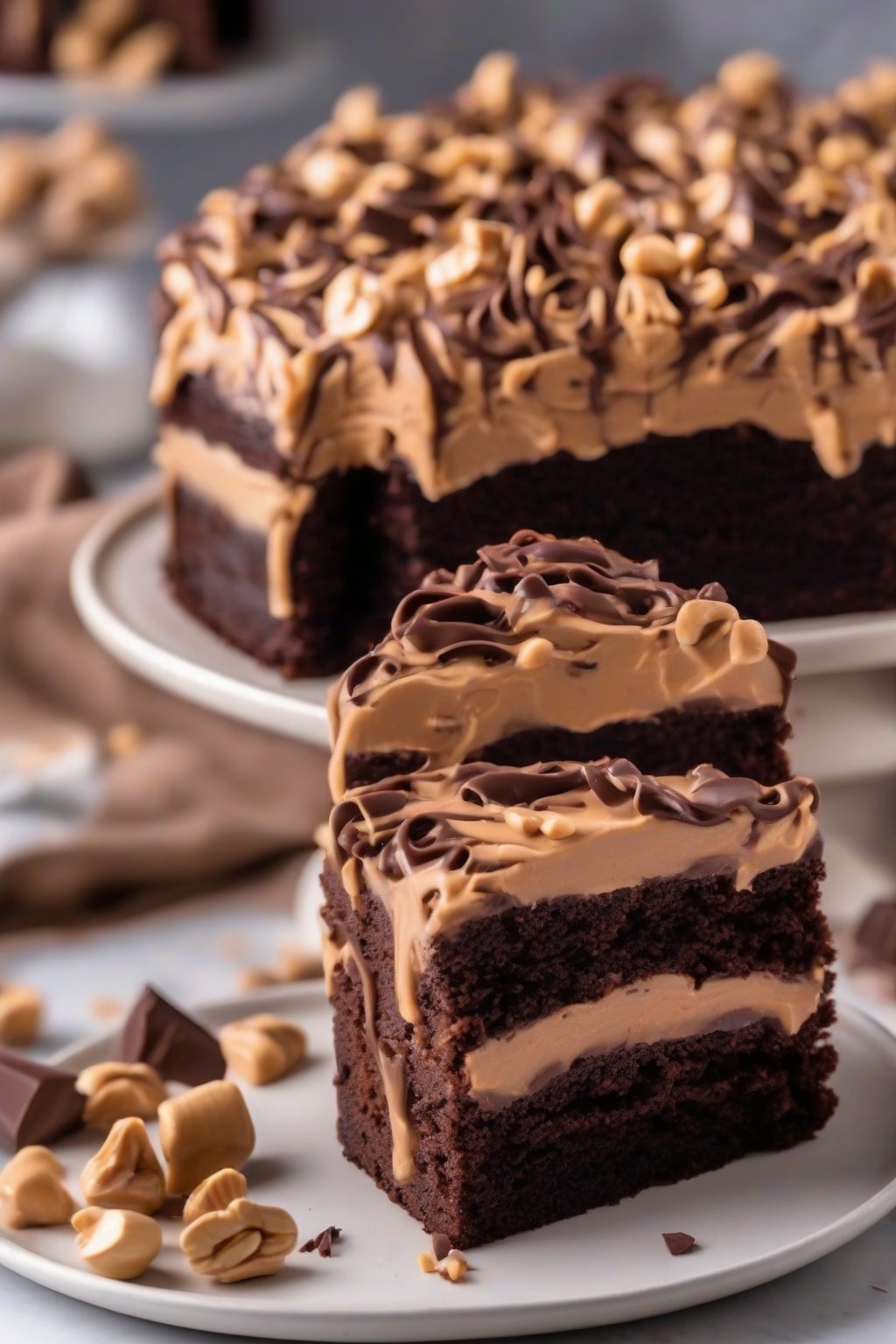 A close-up photo of peanut butter moist chocolate cake with swirled frosting and peanut chunks, under soft lighting.