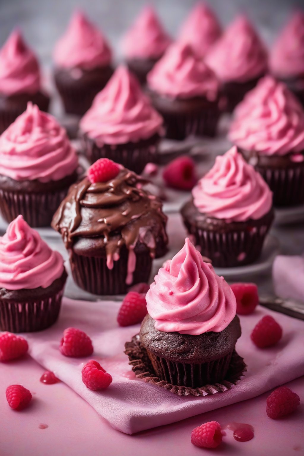 A high-resolution photo of raspberry-filled moist chocolate cupcakes with pink frosting drips, under soft lighting.