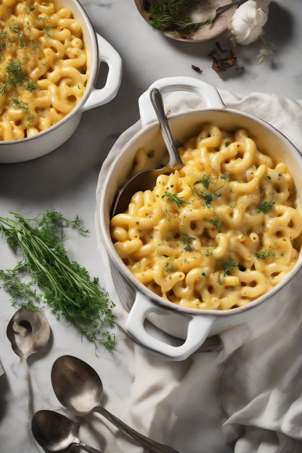A high-resolution photo of elegant truffle-infused one-pot mac and cheese, shiny with oil and fresh herbs, under soft lighting.
