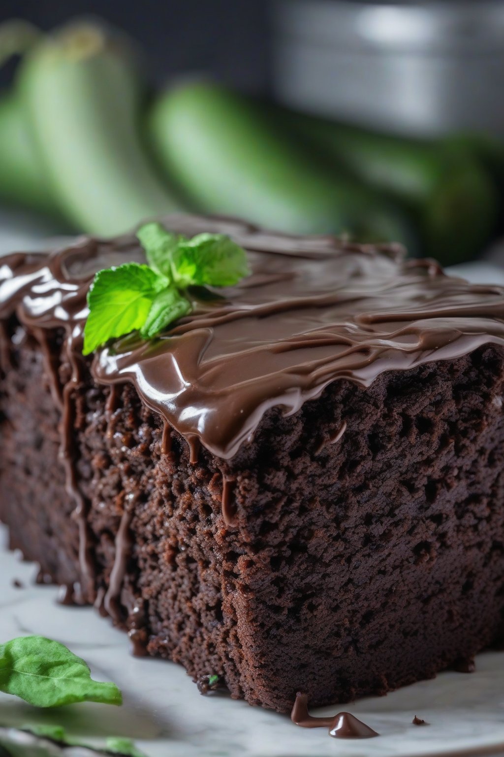 A close-up photo of zucchini moist chocolate cake with shiny glaze and hidden green flecks, under soft lighting.