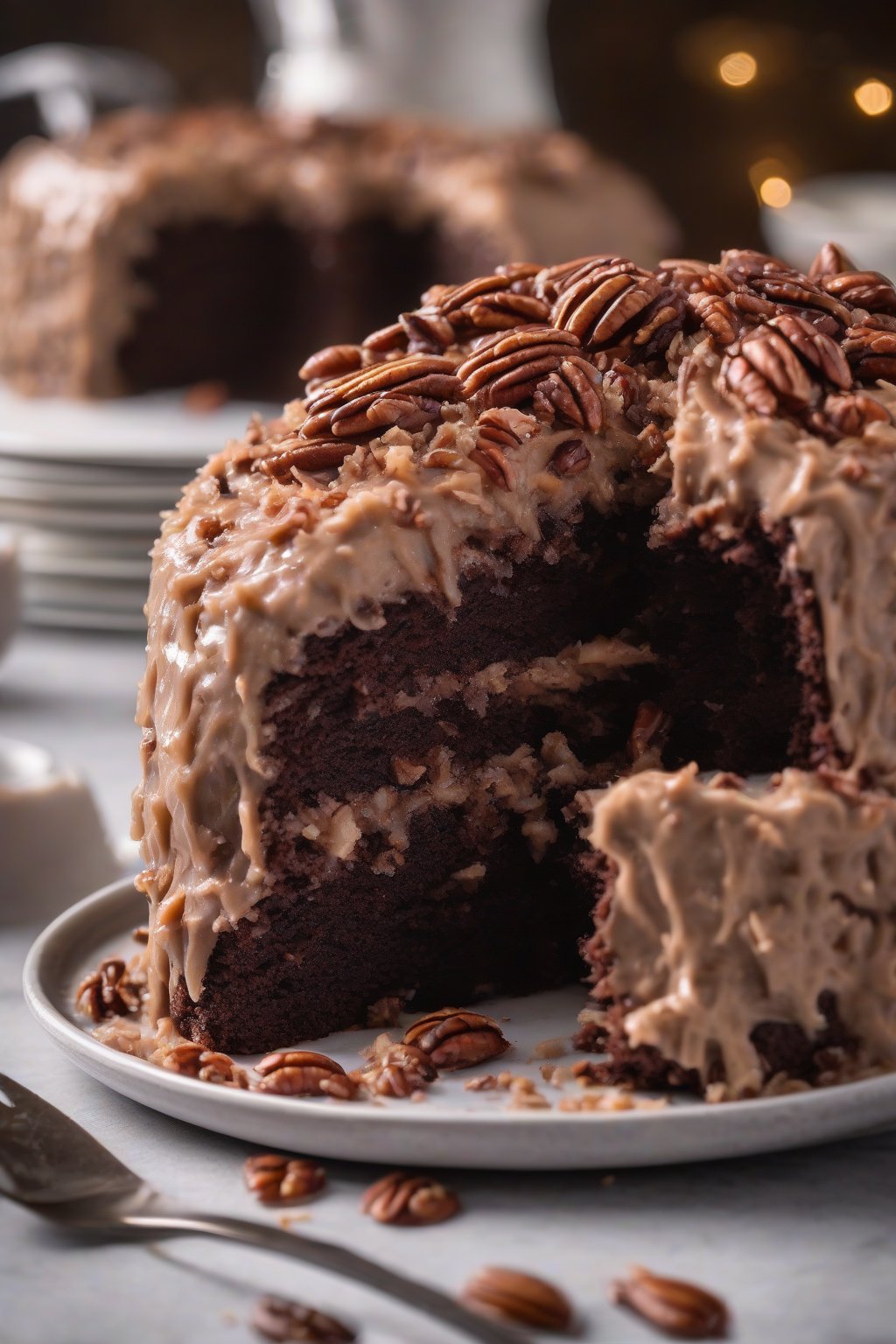 A high-resolution photo of German moist chocolate cake with piled coconut-pecan frosting, under soft lighting.