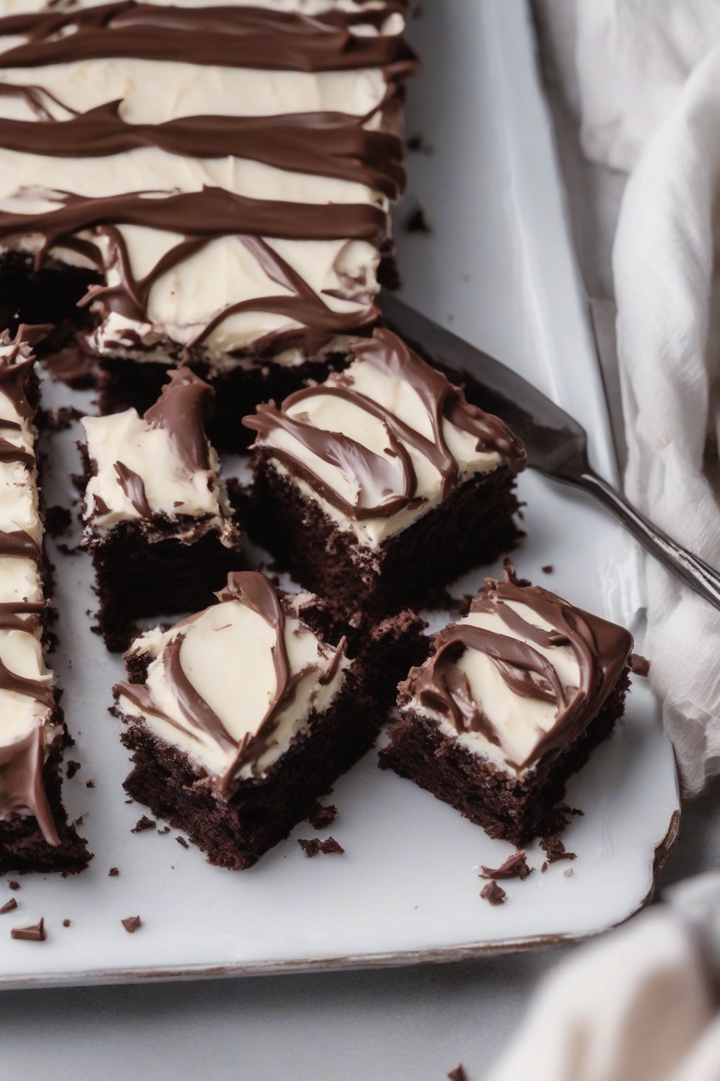 A close-up photo of cream cheese frosted moist chocolate sheet cake, fork cutting in, under soft lighting.