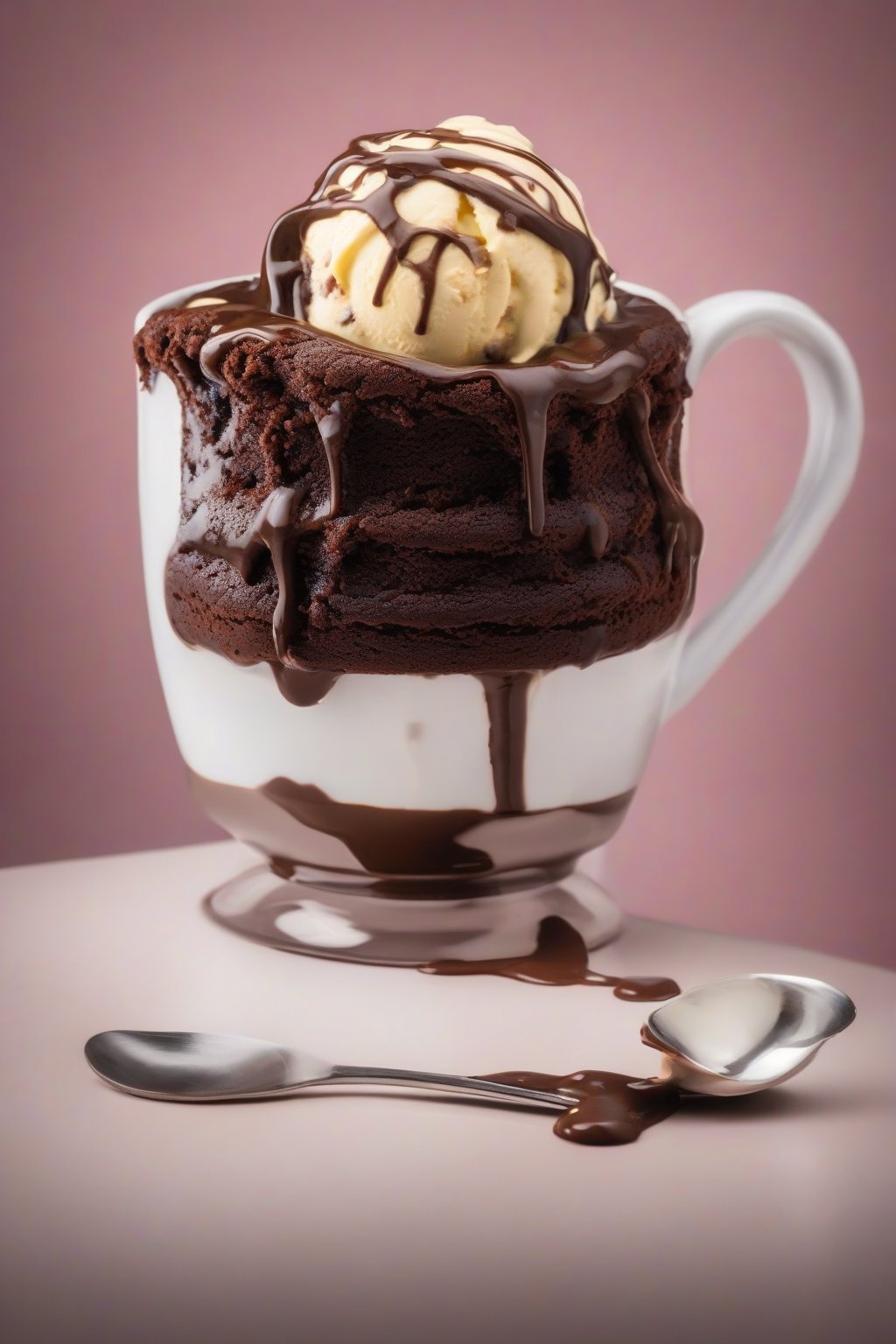 A high-resolution photo of a mug moist chocolate cake with melting ice cream scoop, under soft lighting.