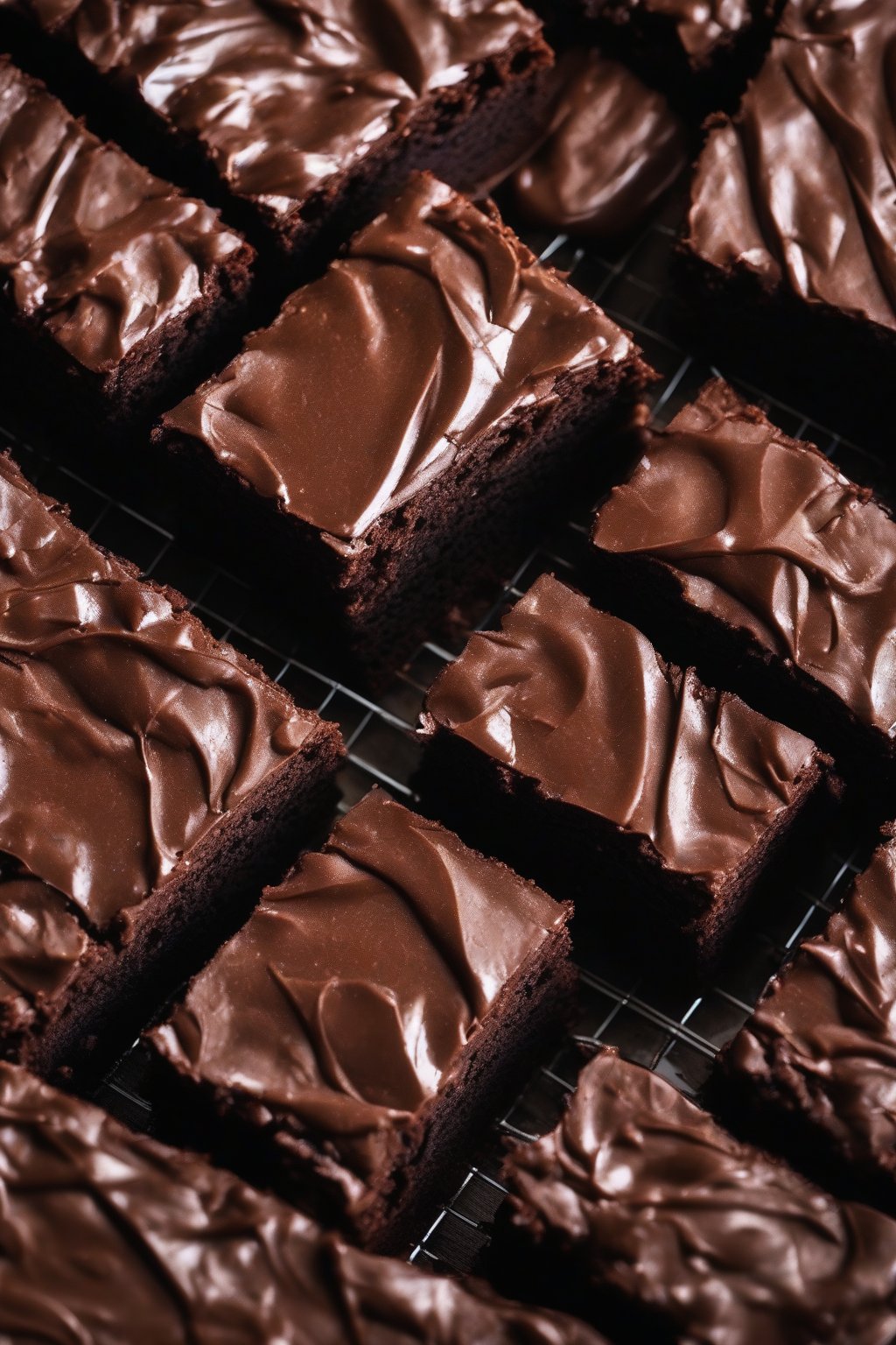 A close-up photo of fudgy brownie moist chocolate cake square with crisp edges, under soft lighting.