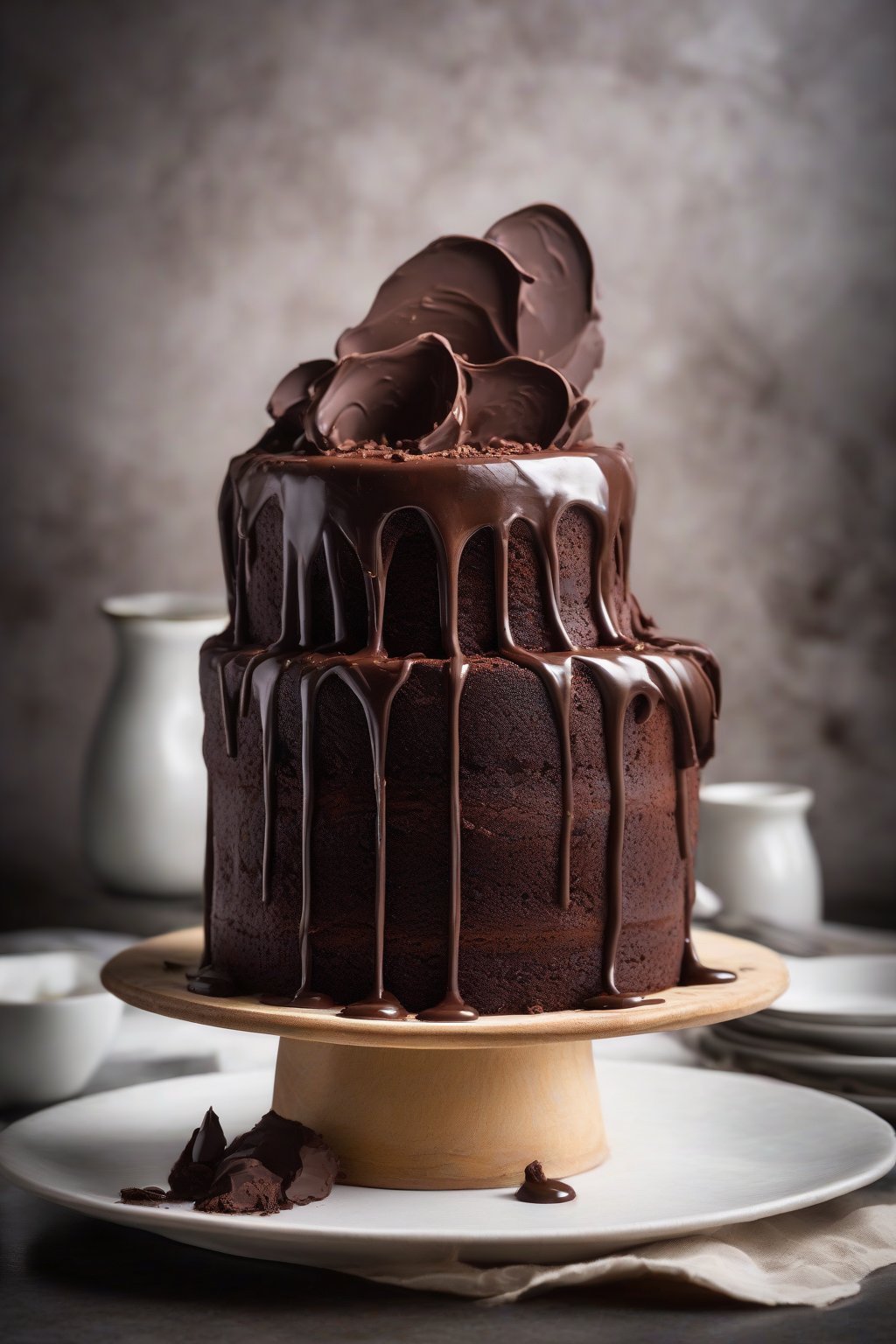 A high-resolution photo of ganache-drenched moist chocolate cake with cascading chocolate, under soft lighting.