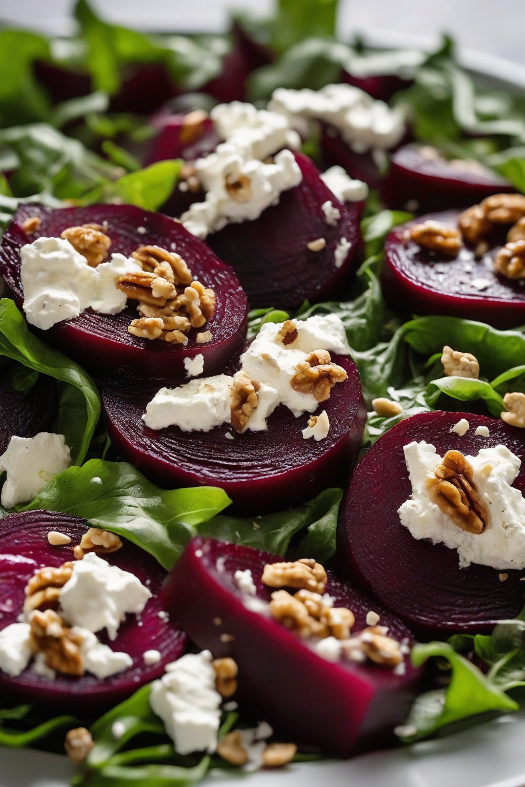 A close-up photo of sliced roasted beets topped with creamy goat cheese and walnuts on a bed of greens under soft lighting.