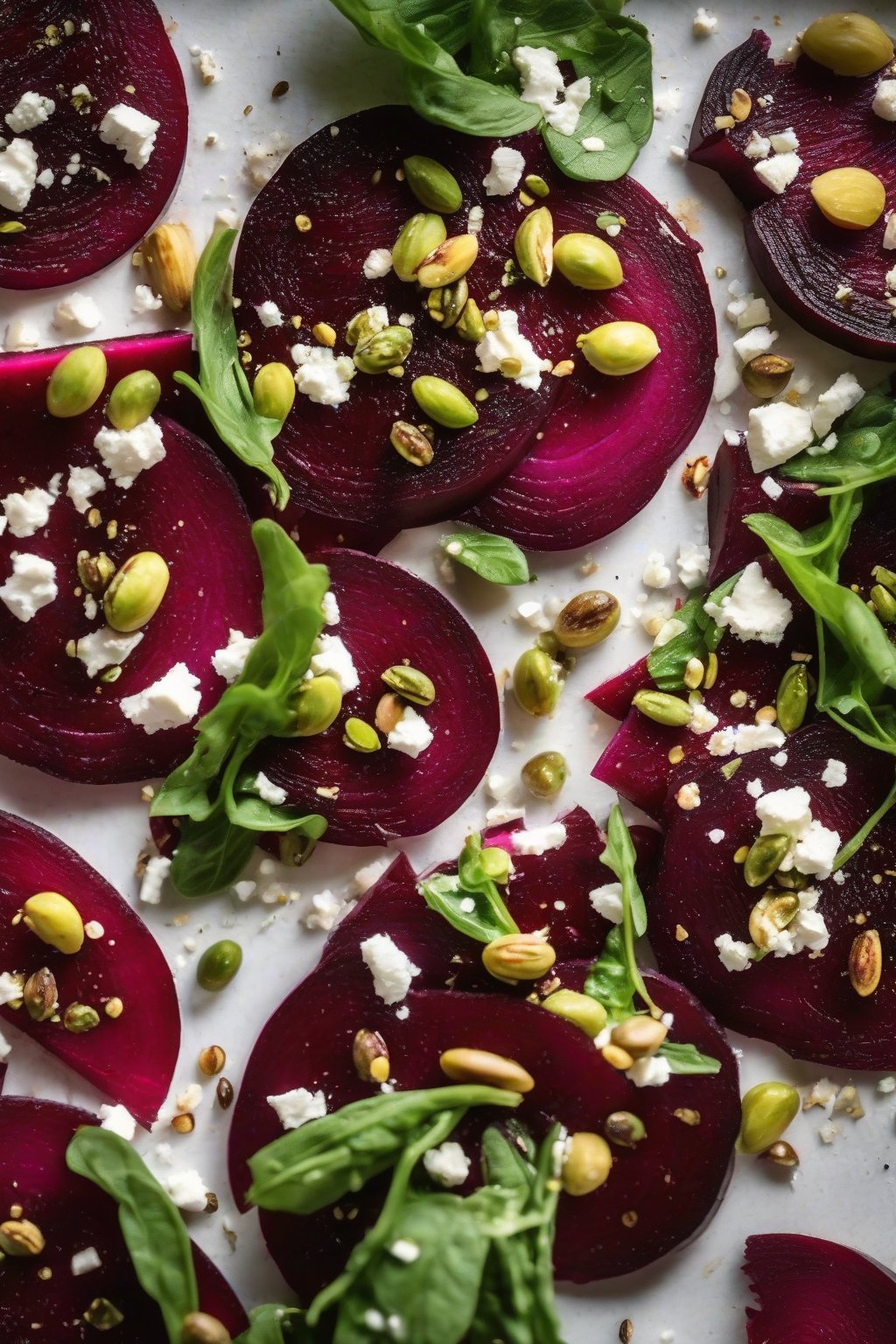 A close-up photo of vibrant roasted beet slices with crumbled feta and green pistachios on arugula under soft lighting.
