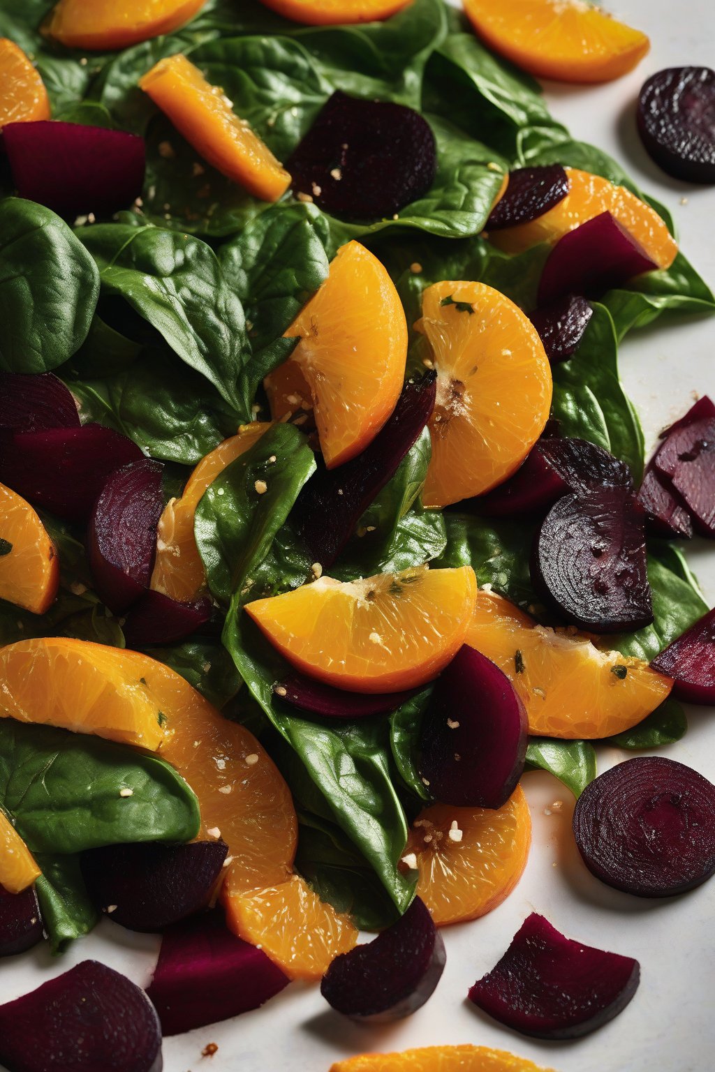 A close-up photo of orange segments mingled with roasted beets on spinach leaves under soft lighting.