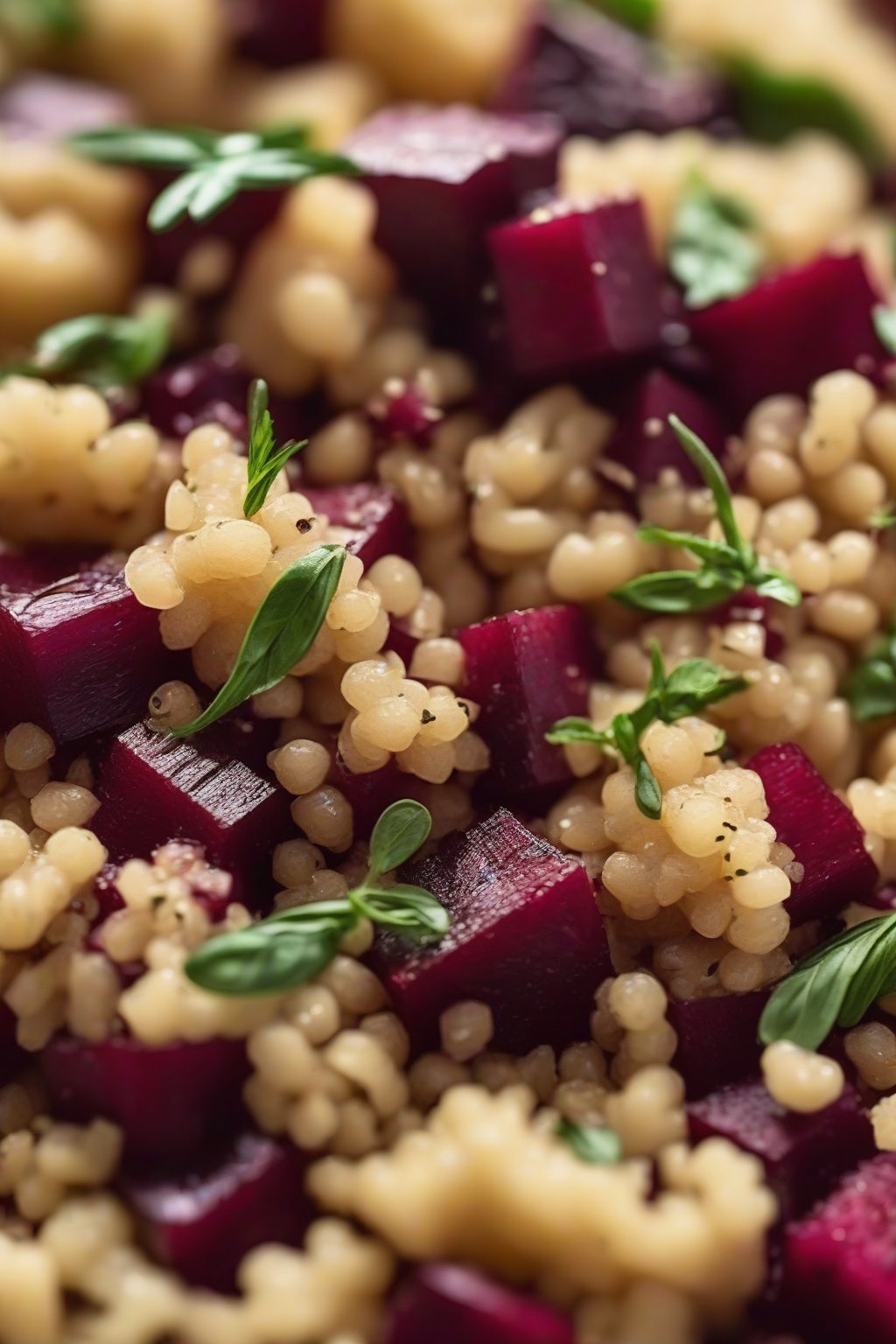 A close-up photo of quinoa grains studded with roasted beet chunks and fresh herbs under soft lighting.