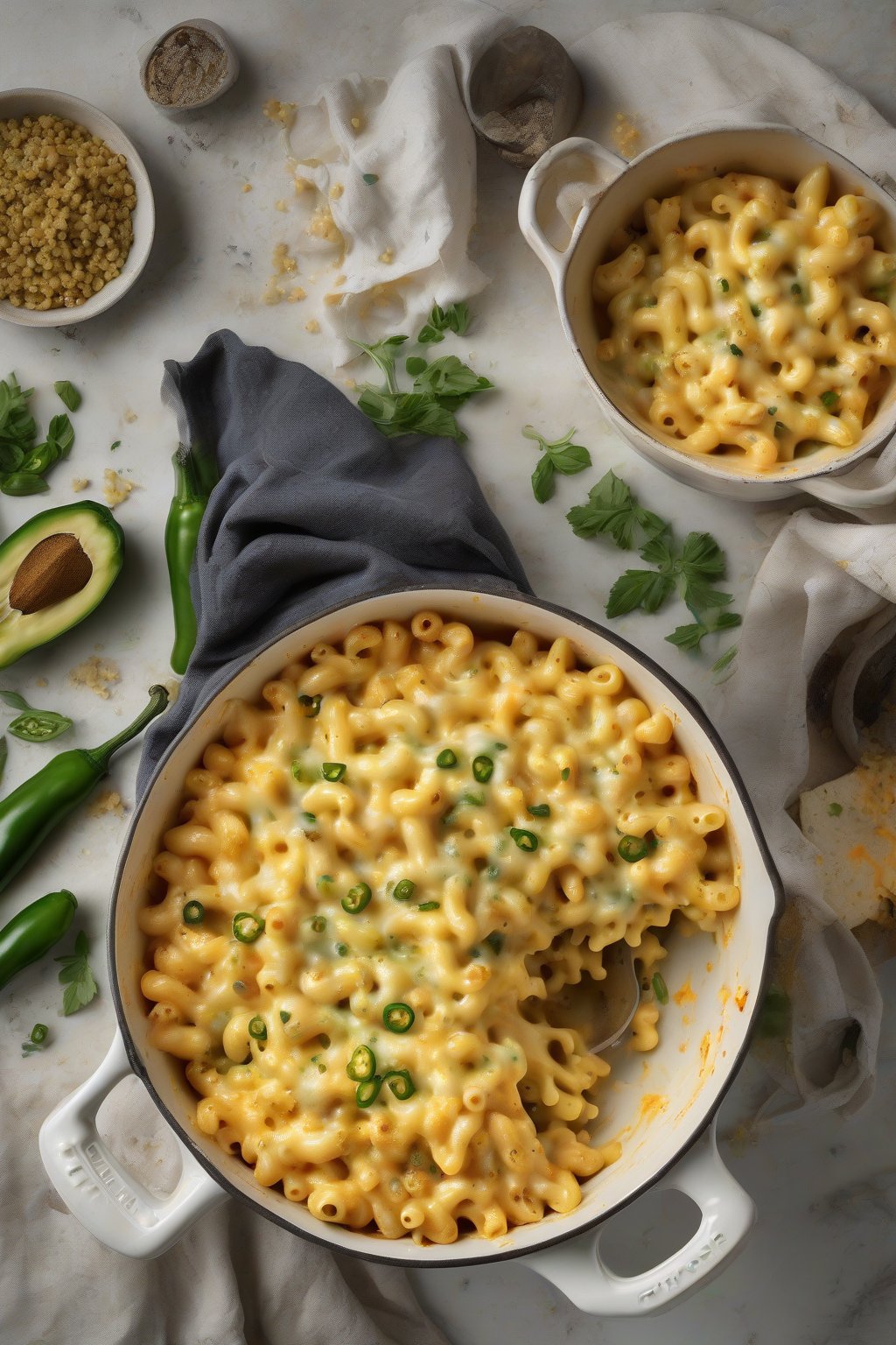 A high-resolution photo of spicy jalapeño-studded one-pot mac and cheese, with green flecks and melted cheese stretch, under soft lighting.