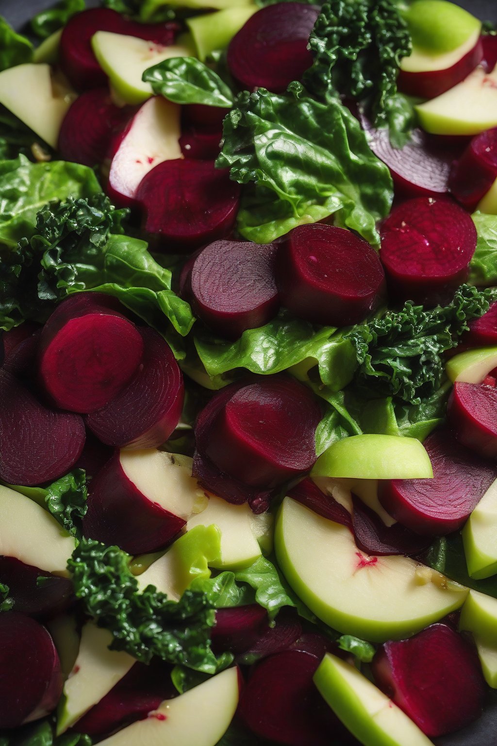 A close-up photo of red beets and green apples on kale with a glossy dressing under soft lighting.