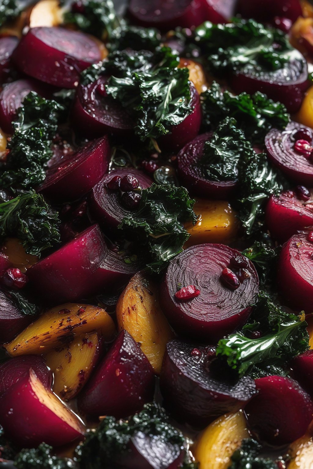 A close-up photo of steaming roasted beets tossed with dark kale and red cranberries under soft lighting.