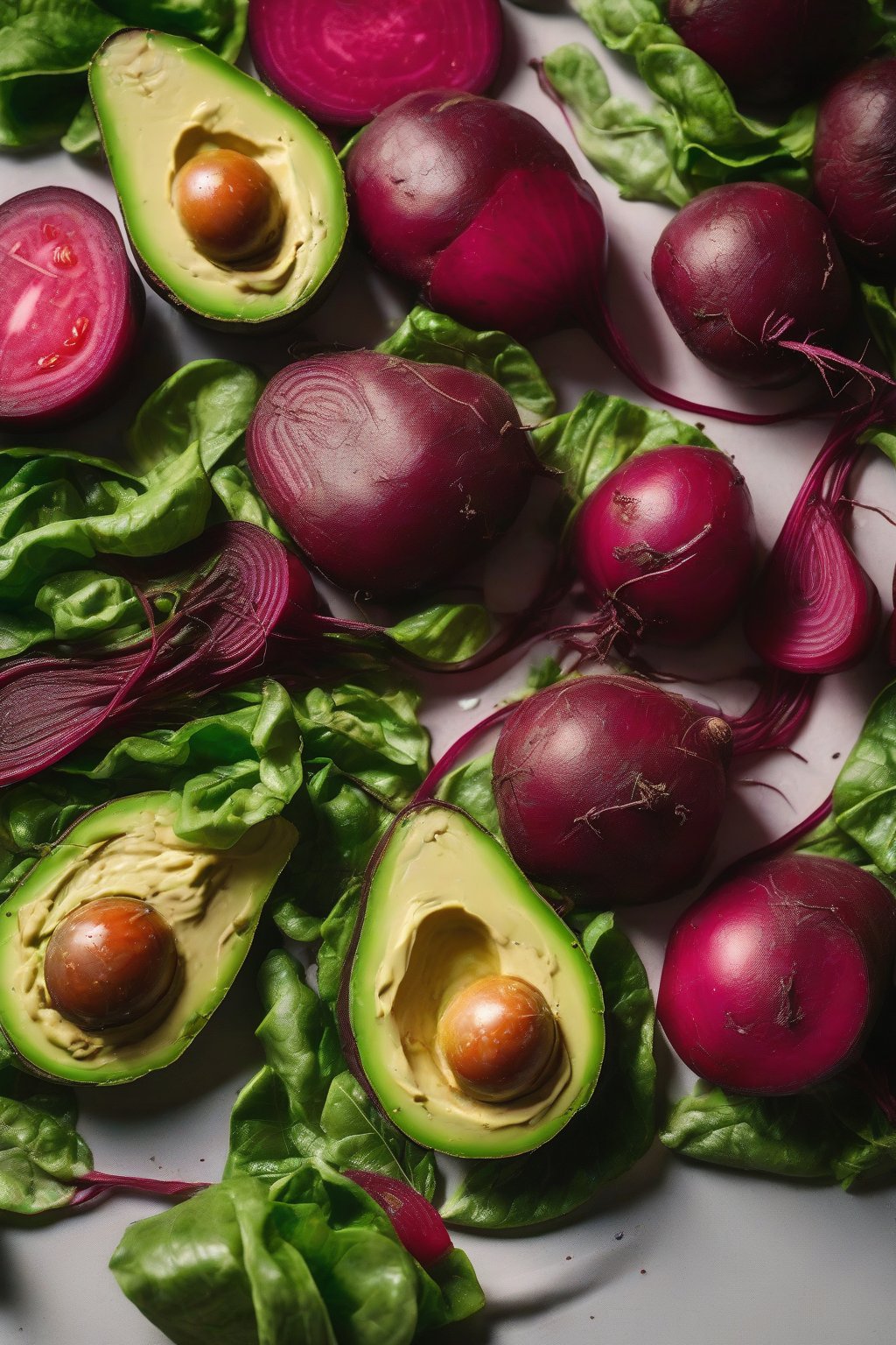A close-up photo of pink beets next to sliced avocado and tomatoes on greens under soft lighting.