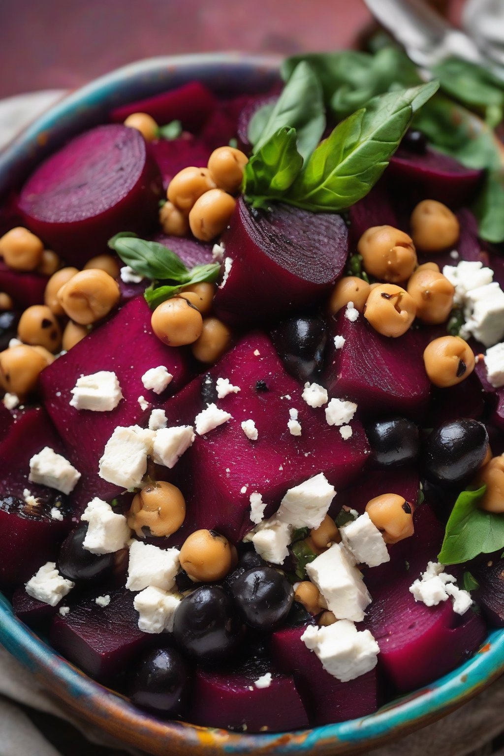 A close-up photo of beets with chickpeas, black olives, and feta in a colorful bowl under soft lighting.