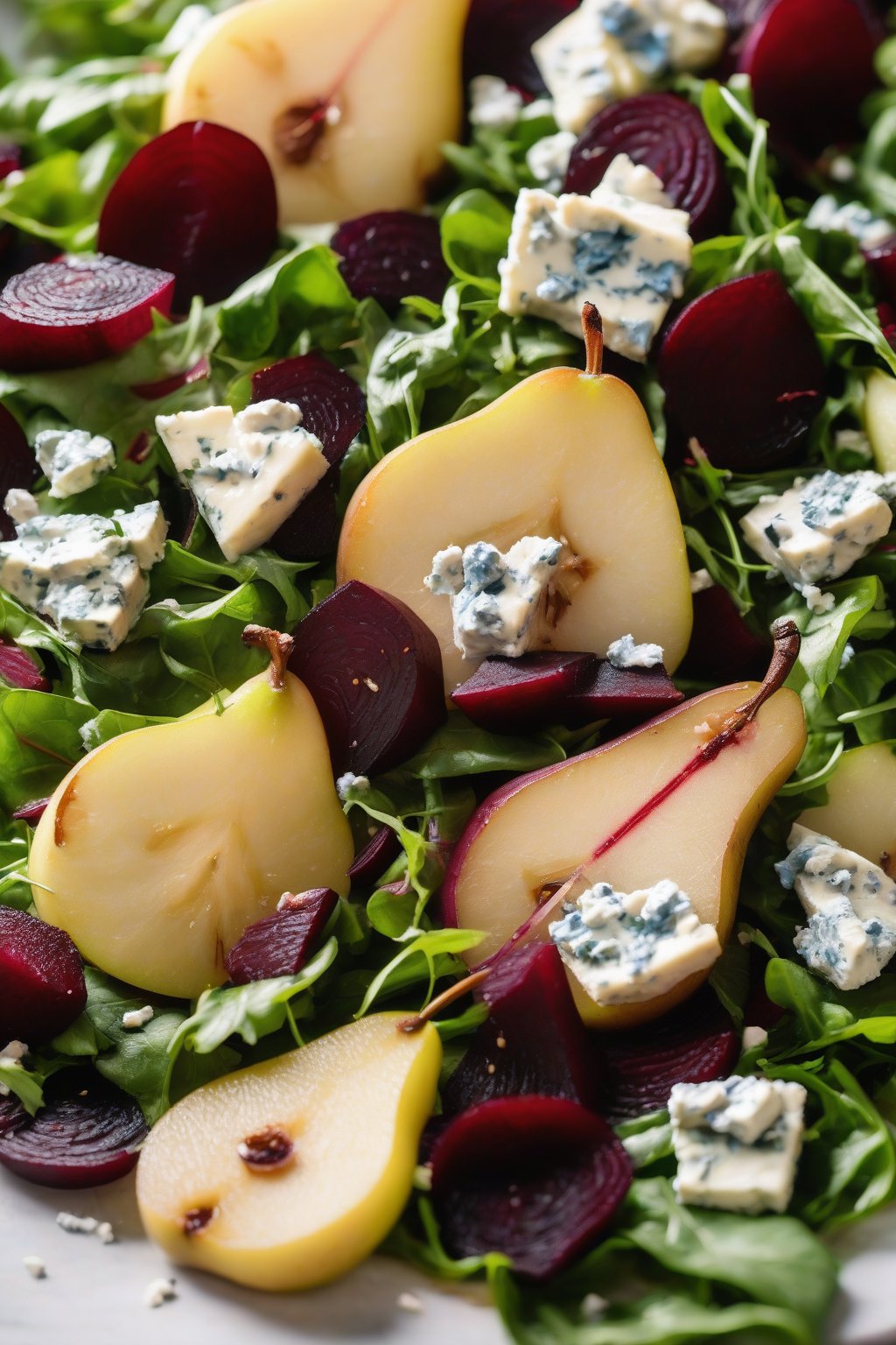 A close-up photo of pear slices alongside roasted beets and blue cheese on arugula under soft lighting.