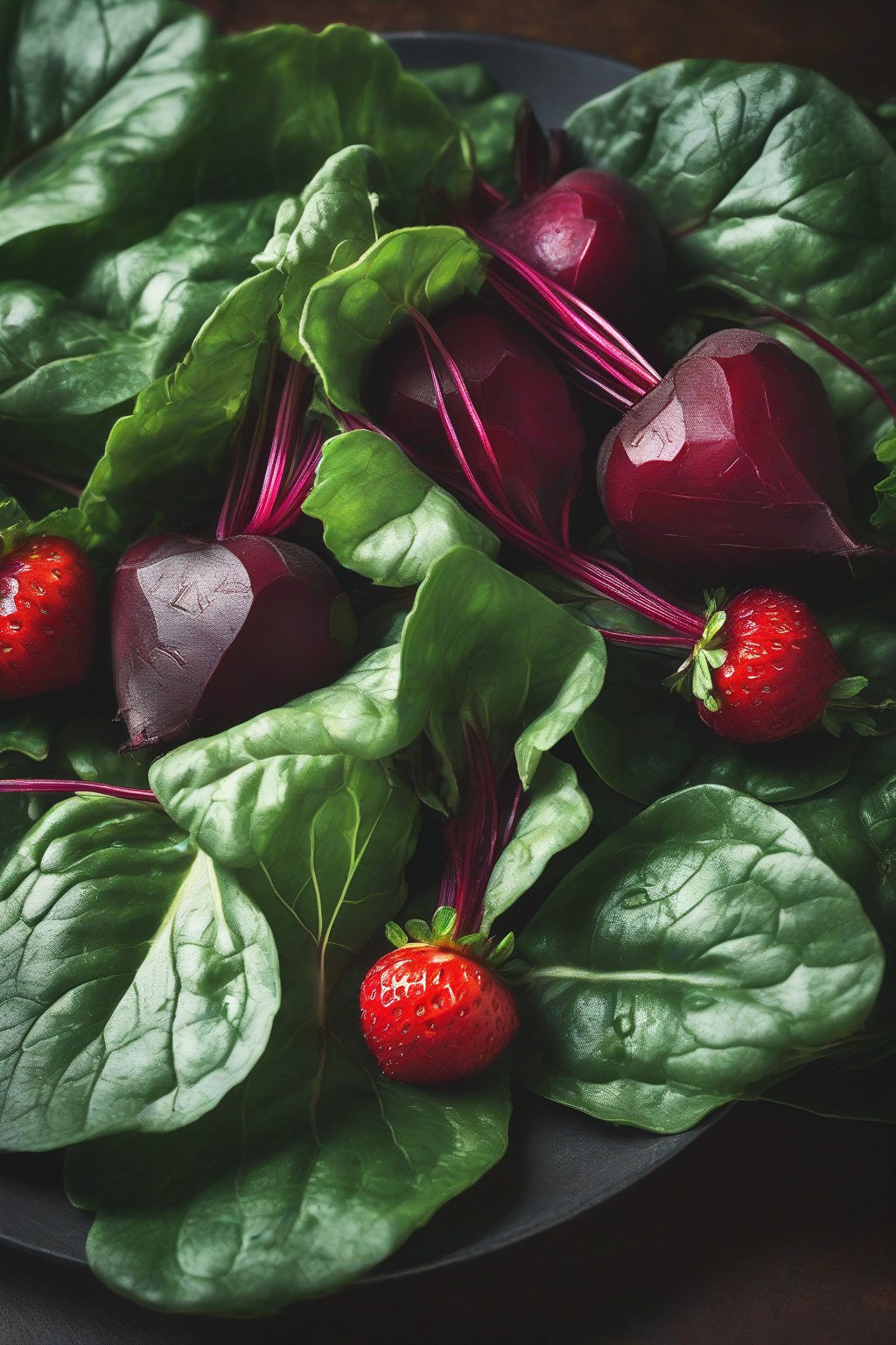 A close-up photo of red beets and strawberries on dark spinach leaves under soft lighting.