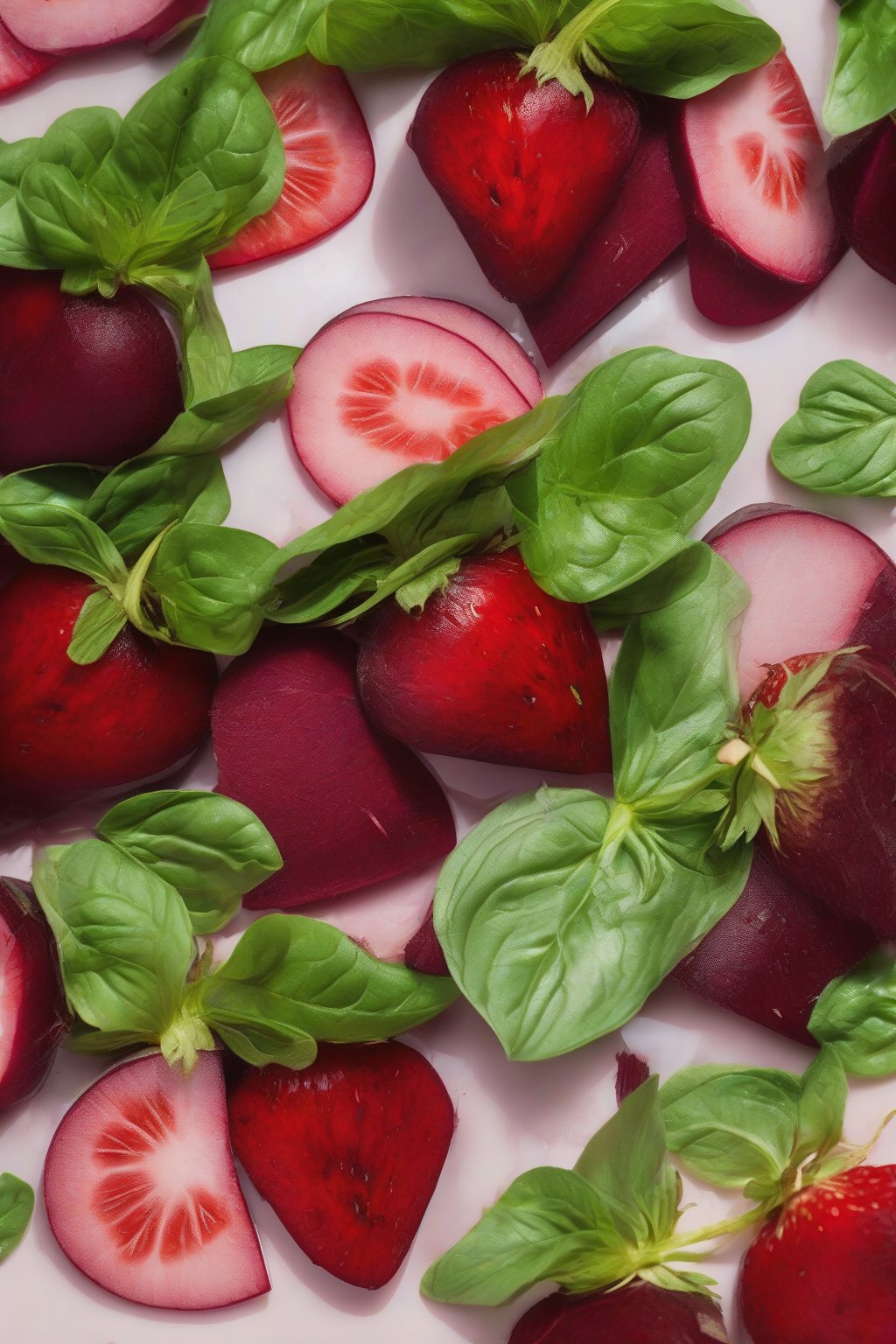 A close-up photo of beets intermingled with halved strawberries and basil under soft lighting.