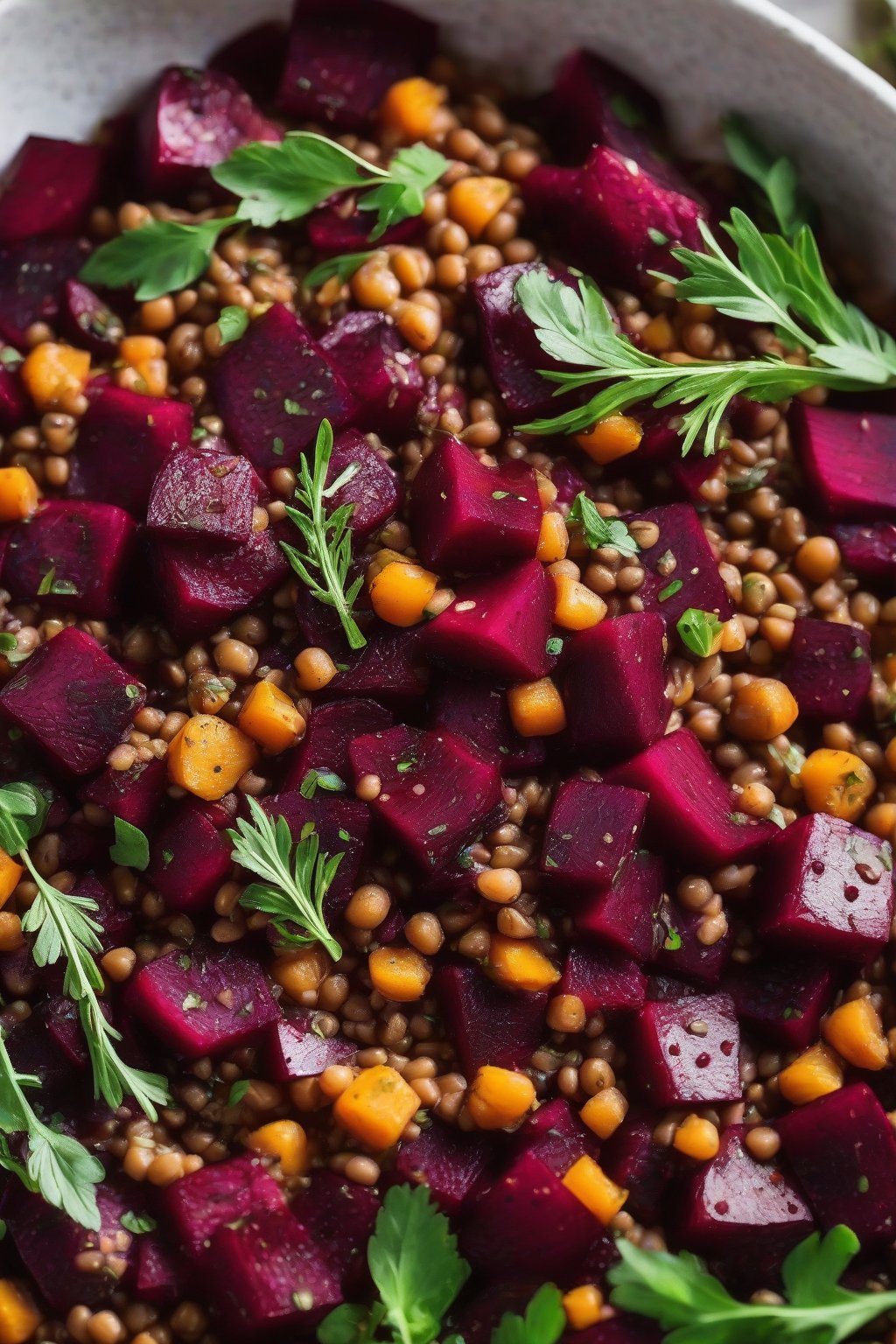 A close-up photo of lentils speckled with roasted beet pieces and herbs under soft lighting.