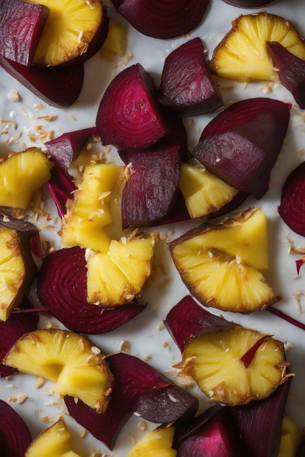 A close-up photo of beets with golden pineapple and toasted coconut under soft lighting.