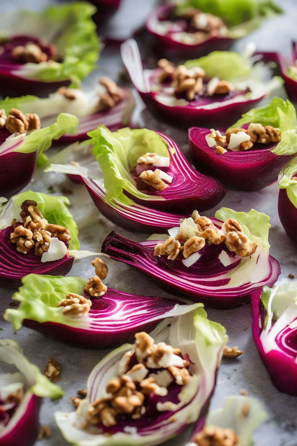 A close-up photo of beets in crisp endive cups with walnuts under soft lighting.