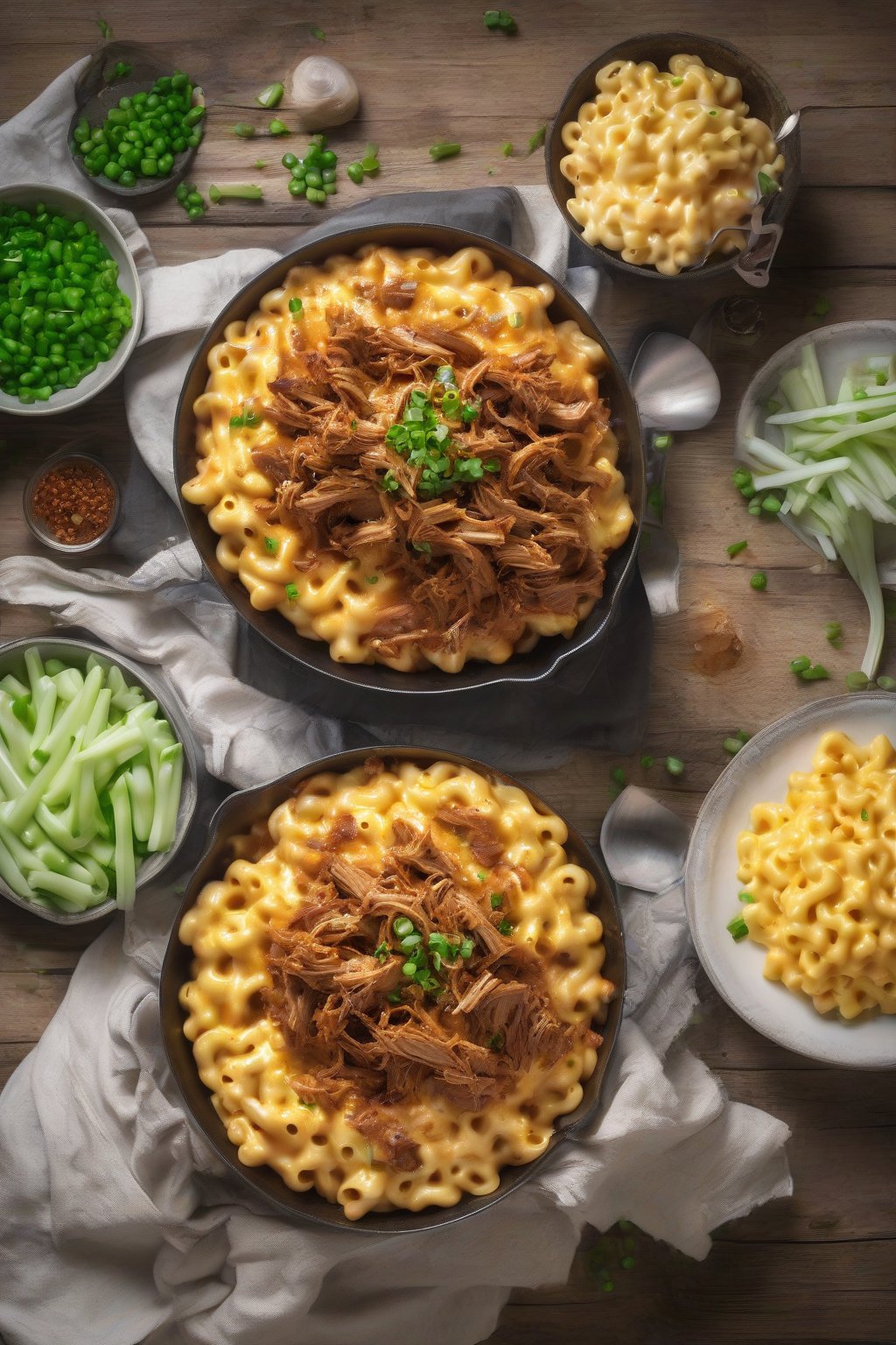 A high-resolution photo of BBQ pulled pork swirling through cheesy one-pot mac and cheese, garnished with green onions, under soft lighting.