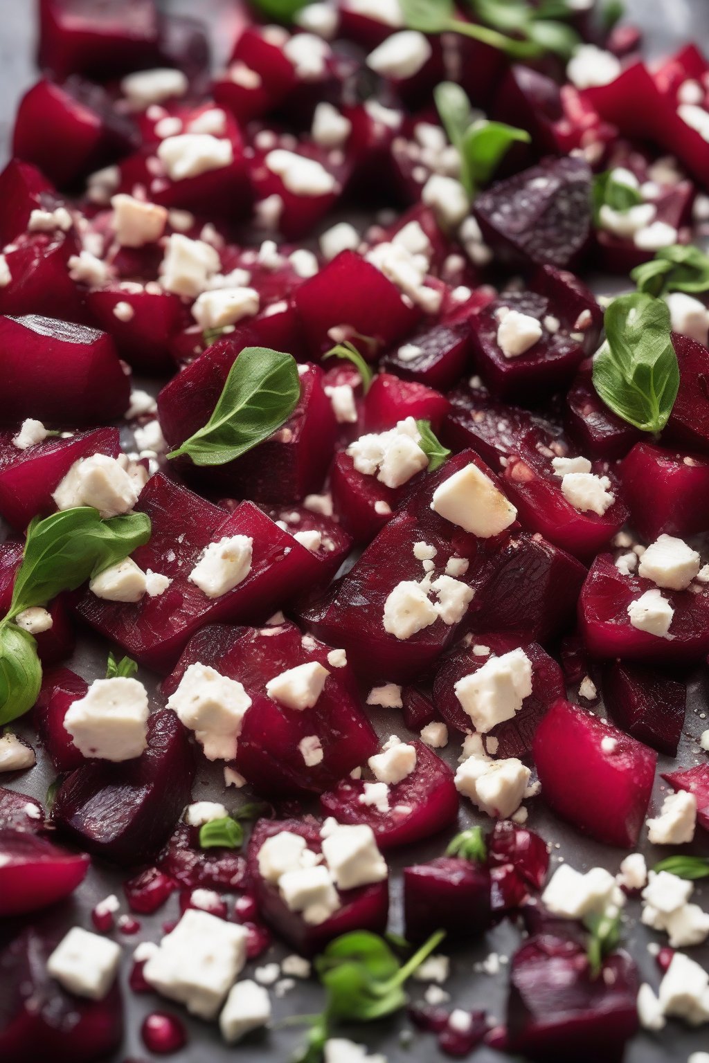 A close-up photo of ruby pomegranate seeds dotting roasted beets and feta under soft lighting.