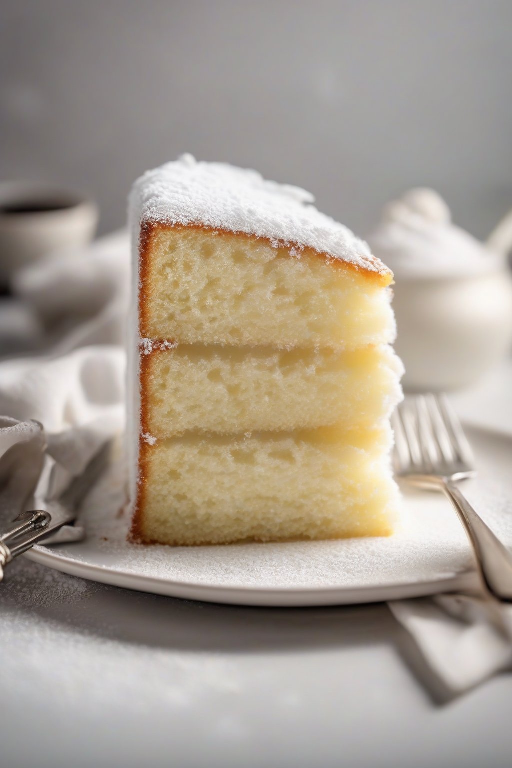 A high-resolution photo of a fluffy sliced vanilla cake on a white plate, topped with powdered sugar, under soft lighting.