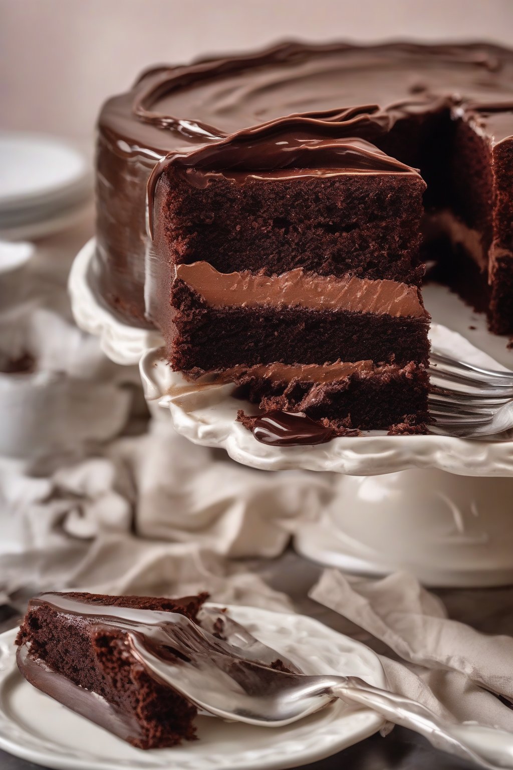 A high-resolution photo of a rich chocolate cake with glossy frosting, cut to show moist layers, under soft lighting.
