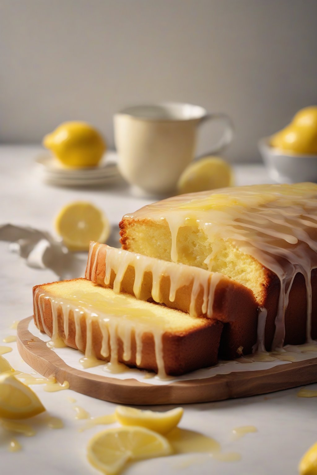 A high-resolution photo of a golden lemon drizzle cake sliced, with glaze dripping down the sides, under soft lighting.