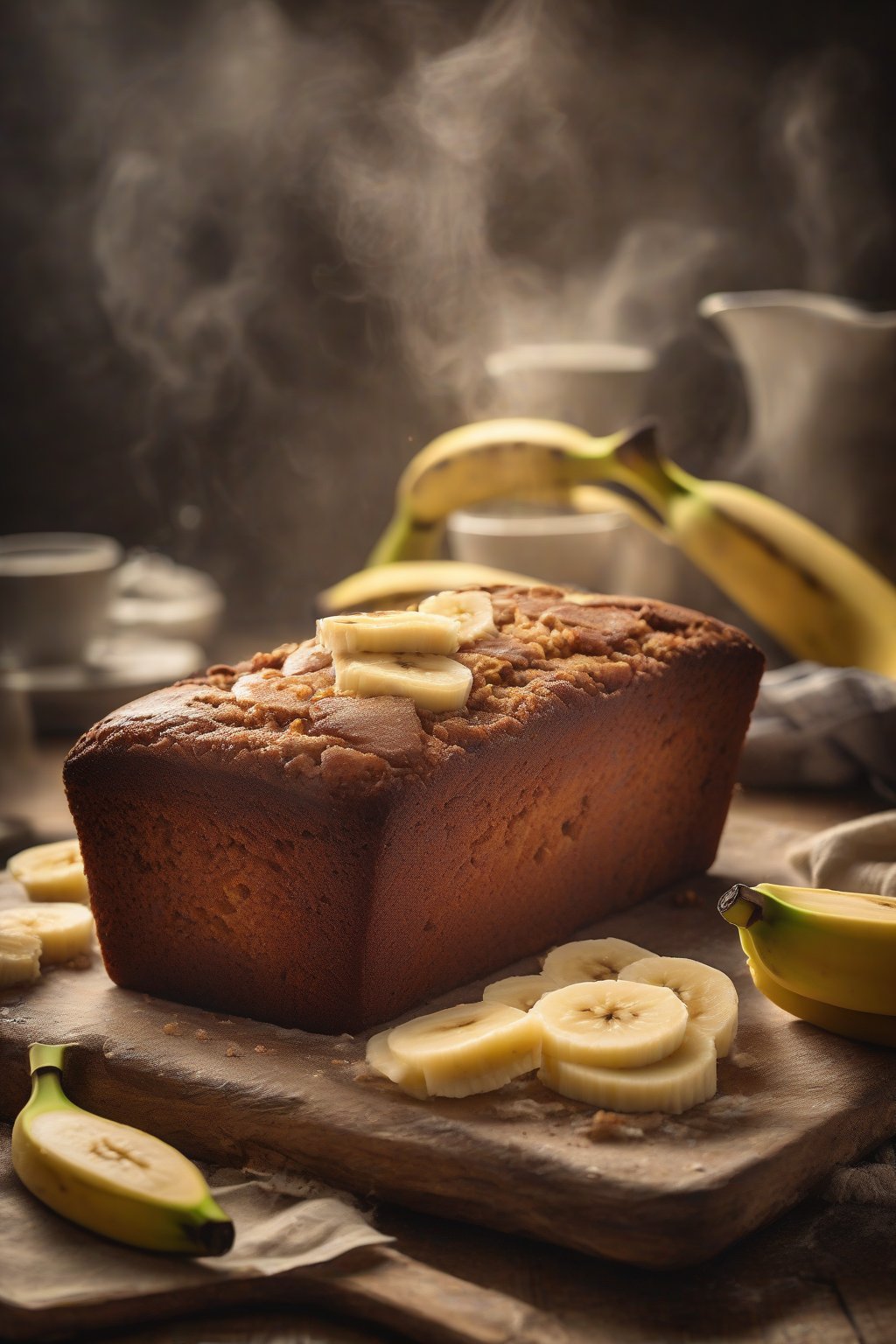 A high-resolution photo of a rustic banana cake loaf with banana slices on top, steam rising from a fresh slice, under soft lighting.