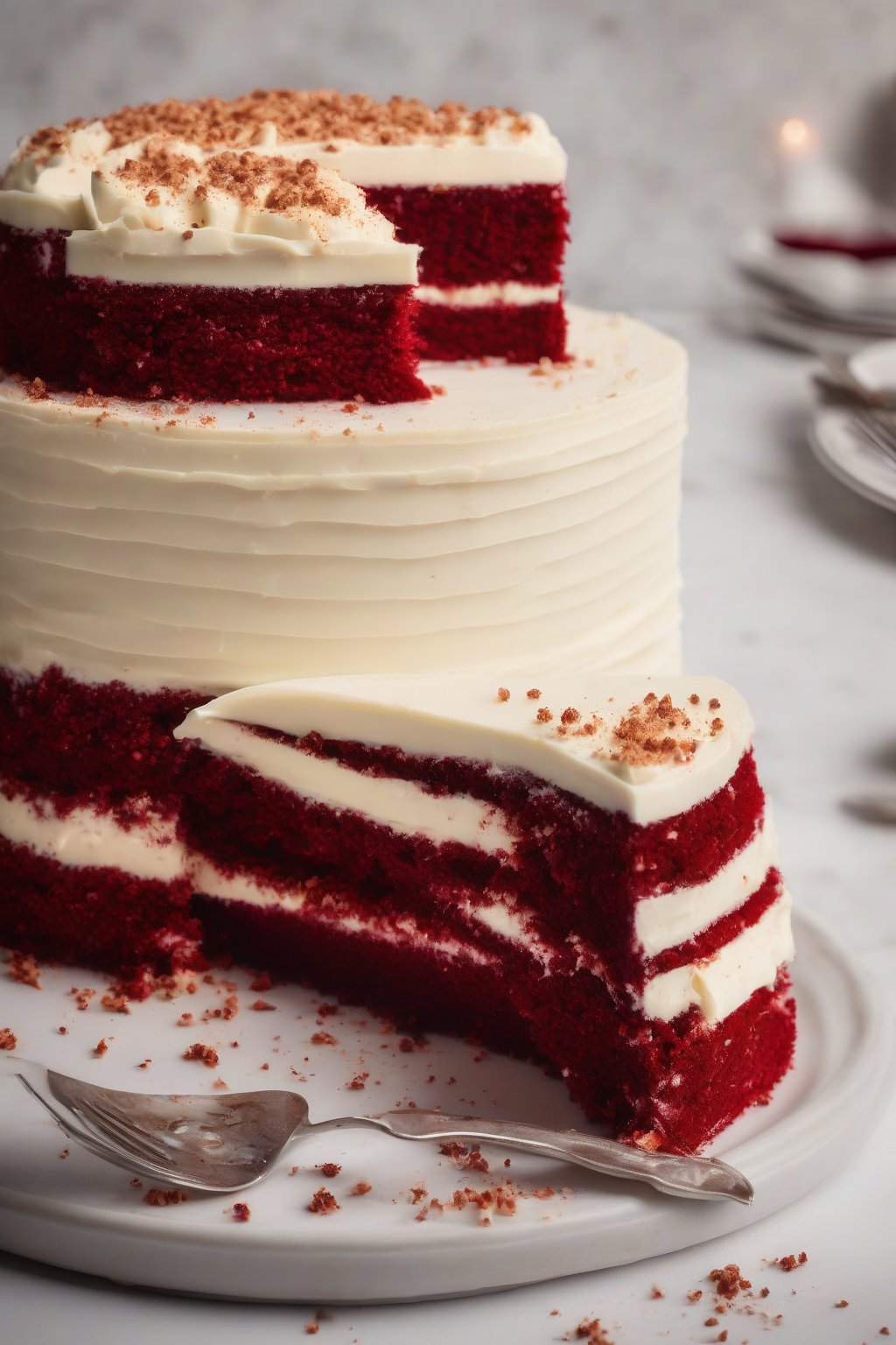 A high-resolution photo of layered red velvet cake with cream cheese frosting, vibrant red crumbs visible, under soft lighting.