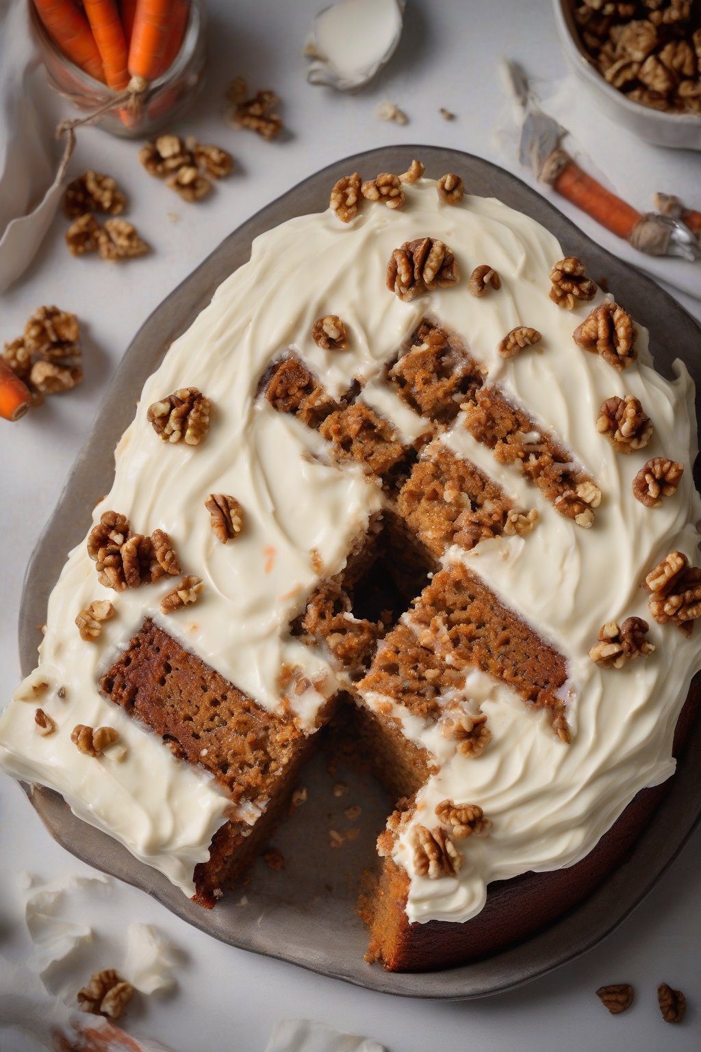 A high-resolution photo of a spiced carrot cake with walnuts and cream cheese icing, carrots peeking through, under soft lighting.