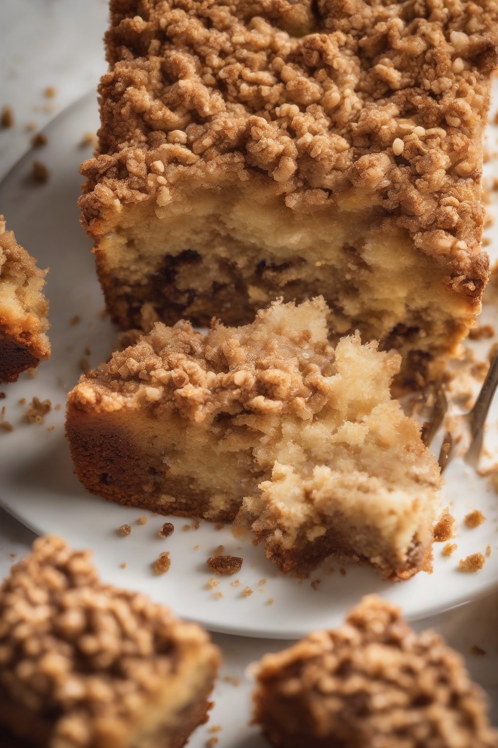 A high-resolution photo of coffee cake with golden streusel topping, a slice revealing moist interior, under soft lighting.