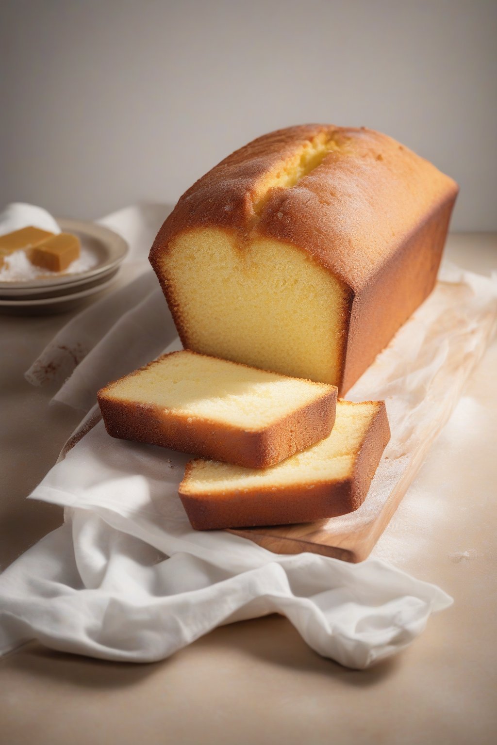 A high-resolution photo of a golden pound cake loaf dusted with sugar, thick slice showing fine crumb, under soft lighting.