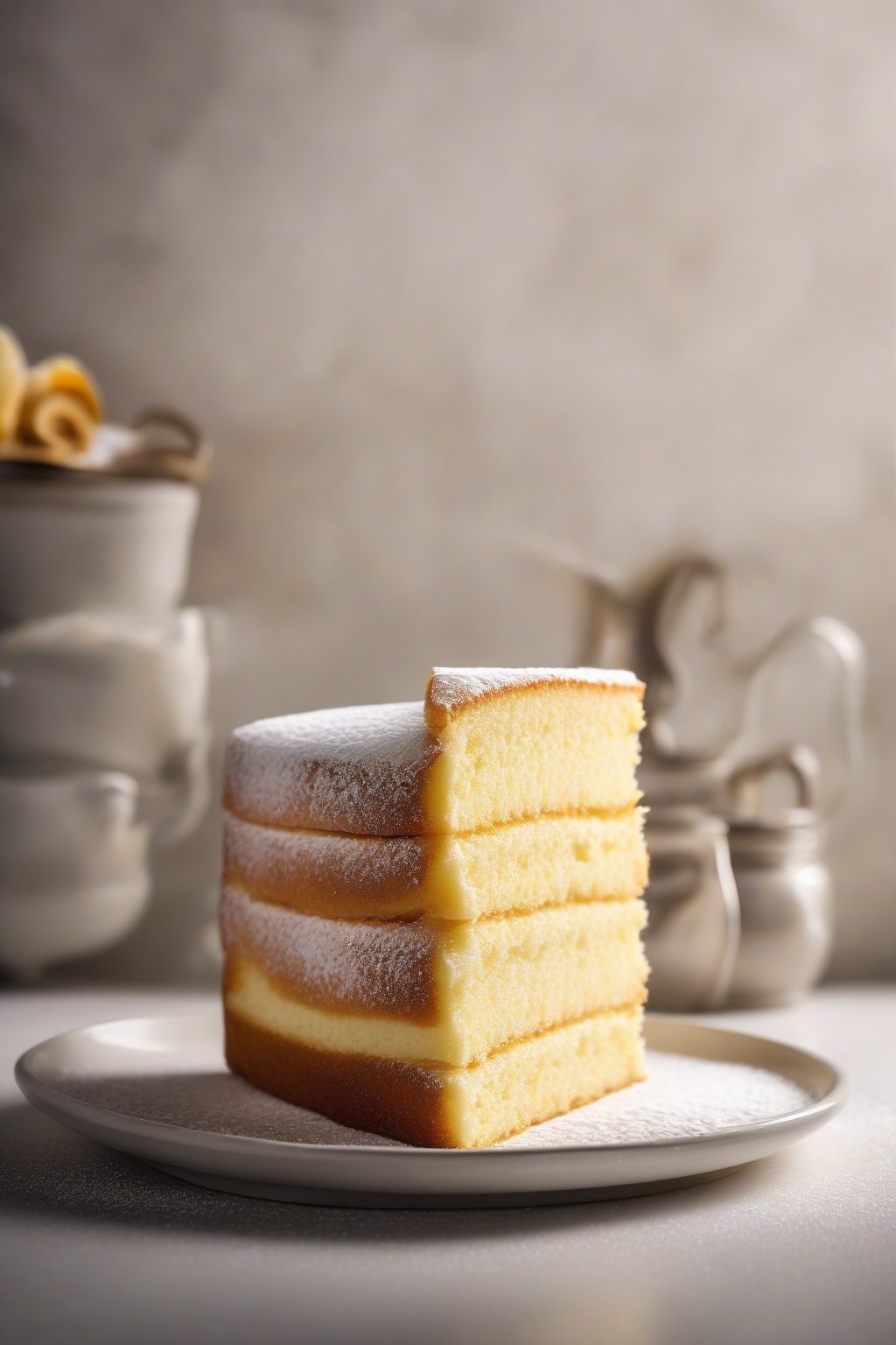 A high-resolution photo of fluffy sponge cake layers with powdered sugar, cut to show airy texture, under soft lighting.