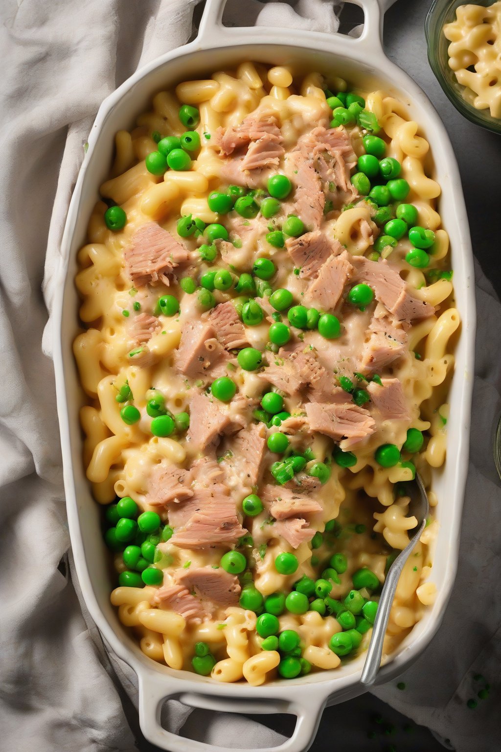 A high-resolution photo of flaky tuna mixed into creamy one-pot mac and cheese, topped with peas, under soft lighting.