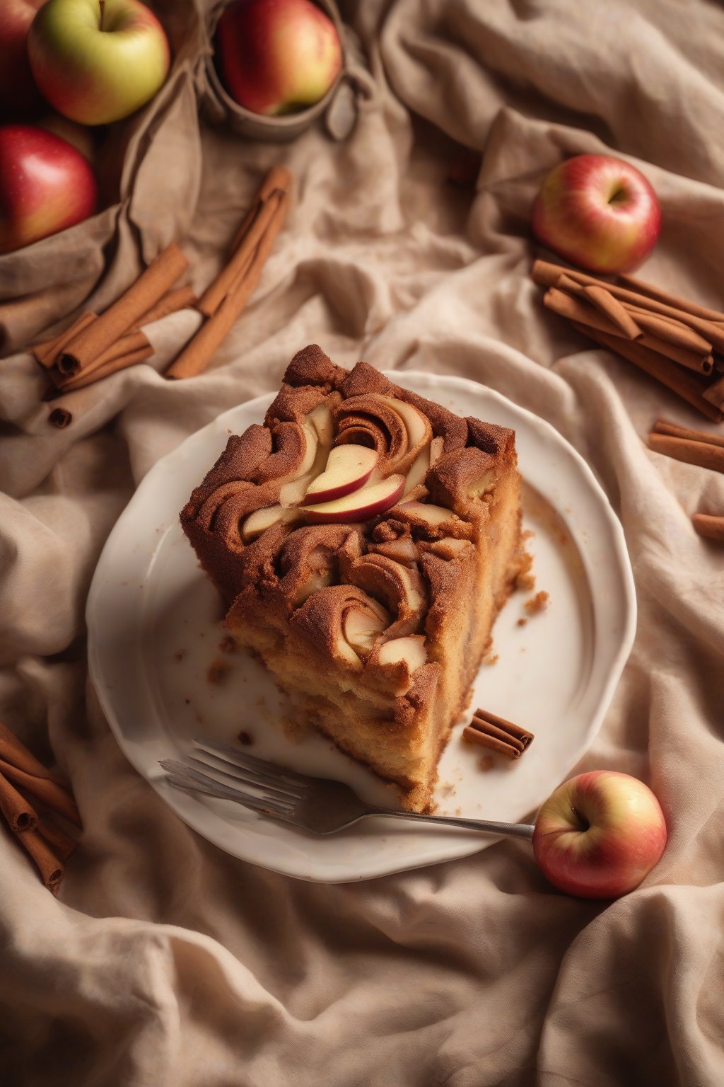 A high-resolution photo of apple cinnamon cake with apple chunks and cinnamon swirl, warm tones, under soft lighting.