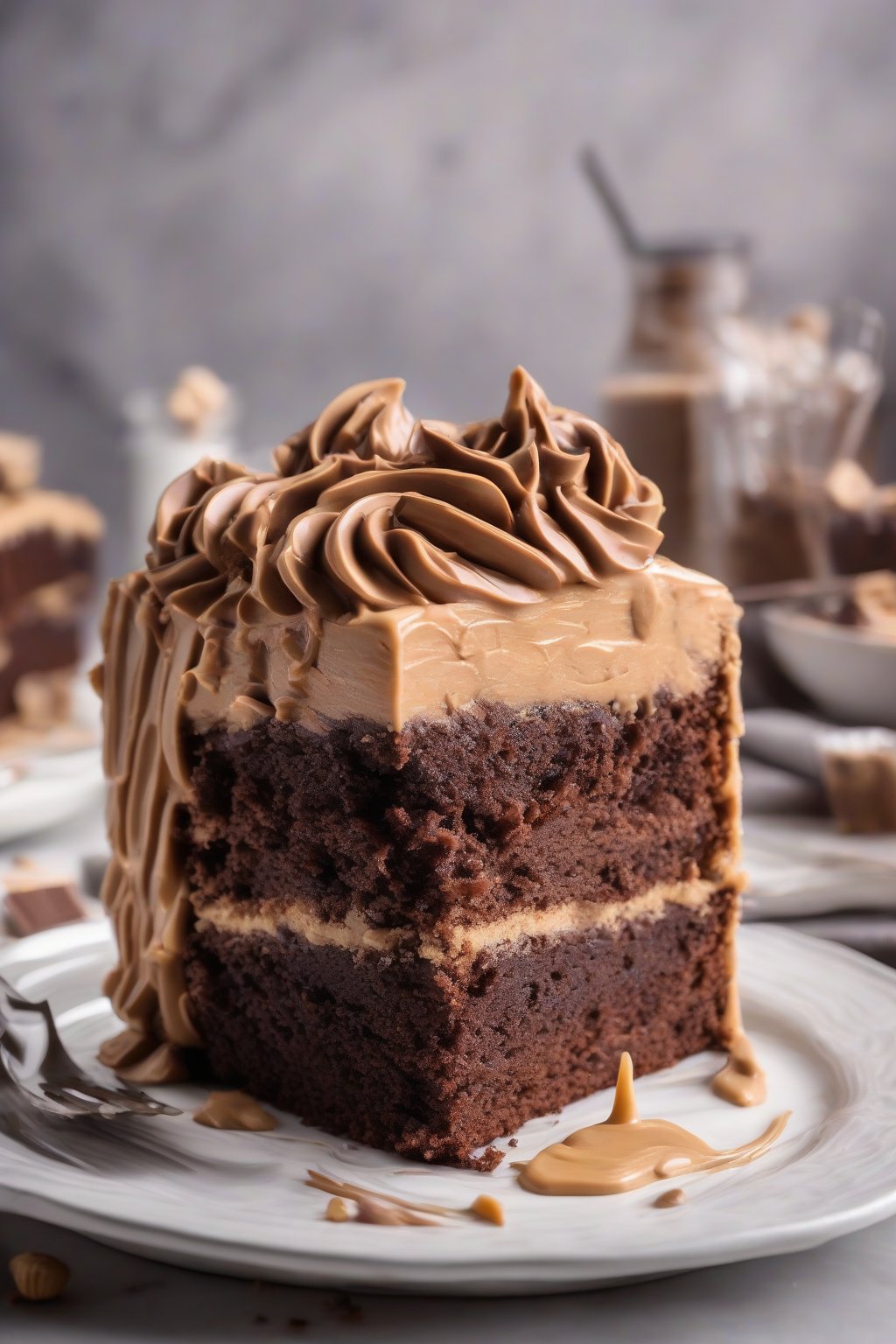A high-resolution photo of peanut butter chocolate cake with swirled frosting, gooey center exposed, under soft lighting.