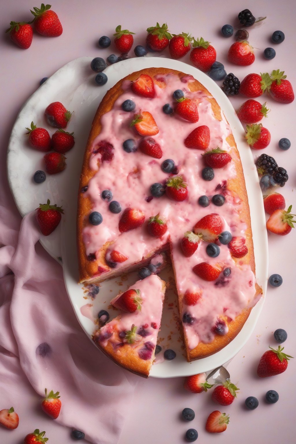 A high-resolution photo of pink-flecked strawberry yogurt cake, berries bursting on top, under soft lighting.
