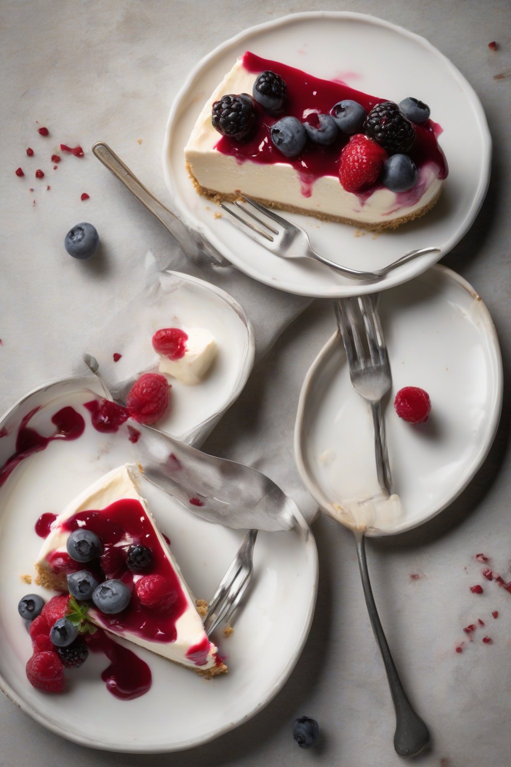 A high-resolution photo of smooth no-bake cheesecake with berry topping, creamy slice on a fork, under soft lighting.