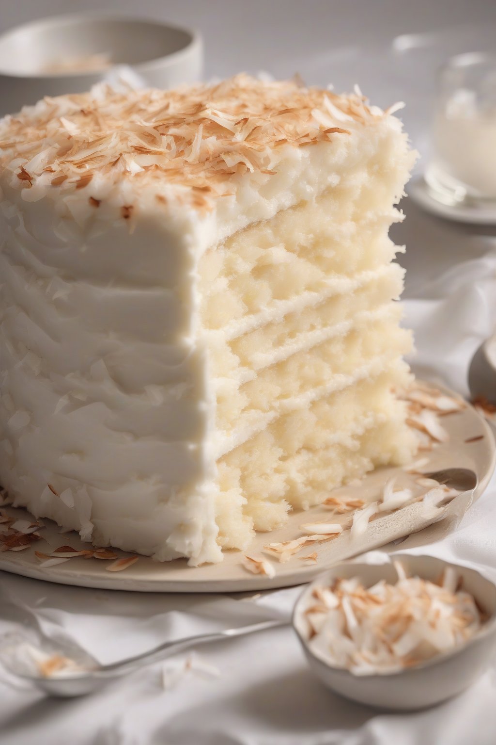 A high-resolution photo of coconut cake with toasted shreds, white and fluffy interior, under soft lighting.