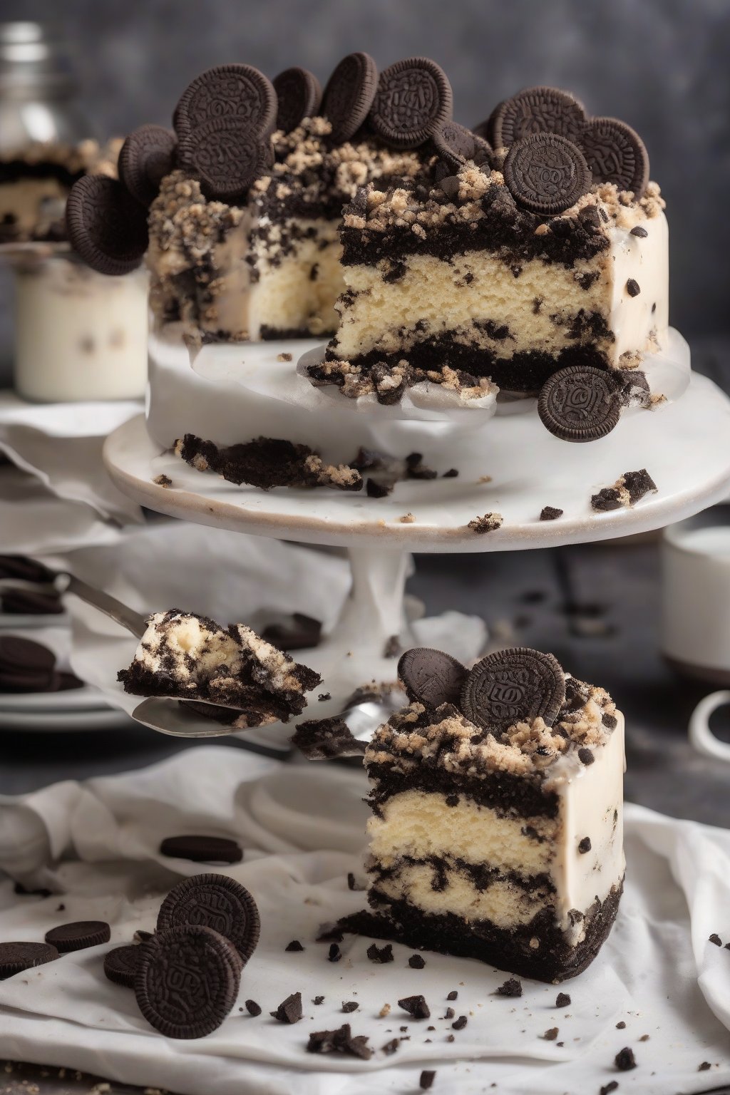 A high-resolution photo of Oreo-studded cake with cookie crumble topping, chocolatey slice, under soft lighting.